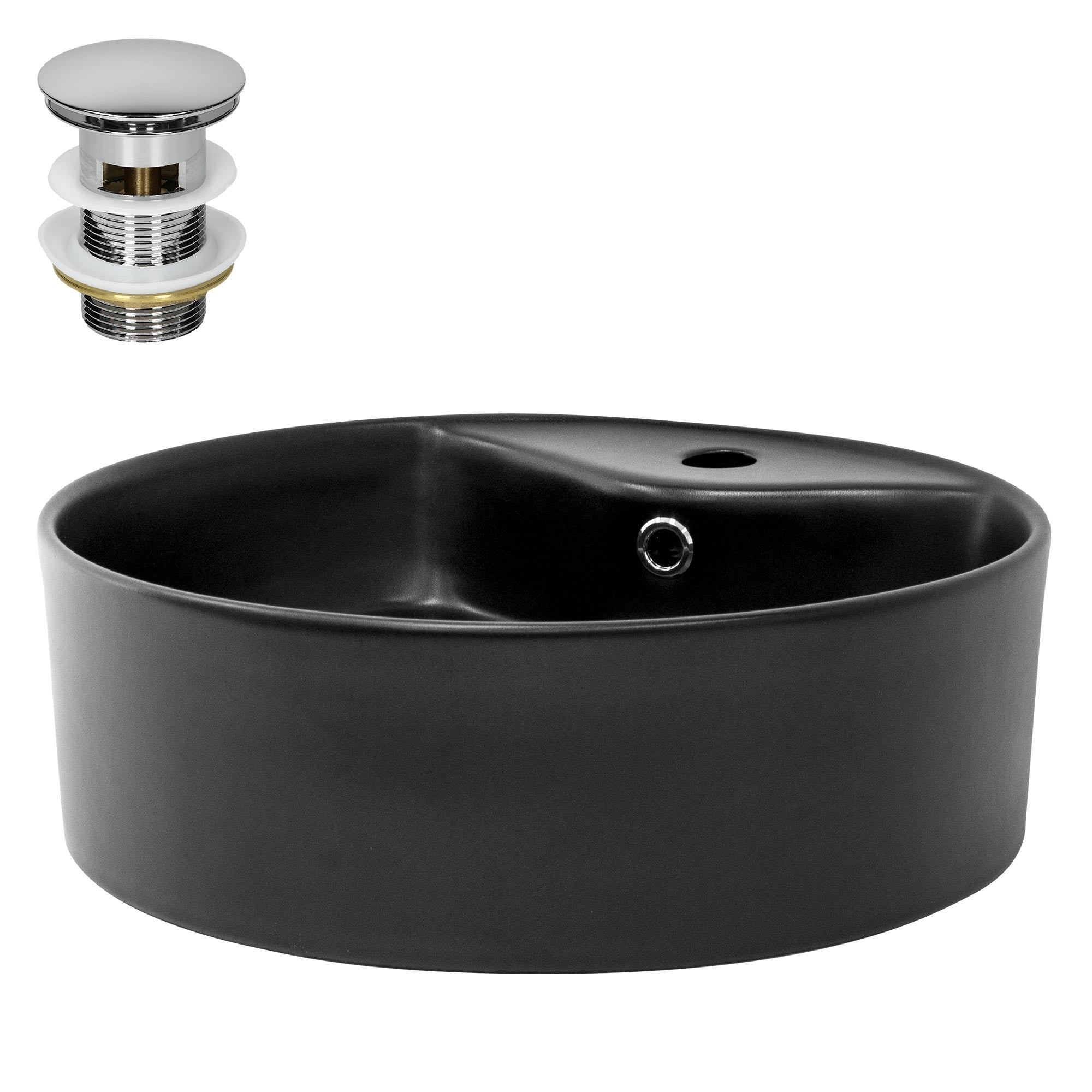 Schwarzes Waschbecken mit Abfluss und Zubehör.