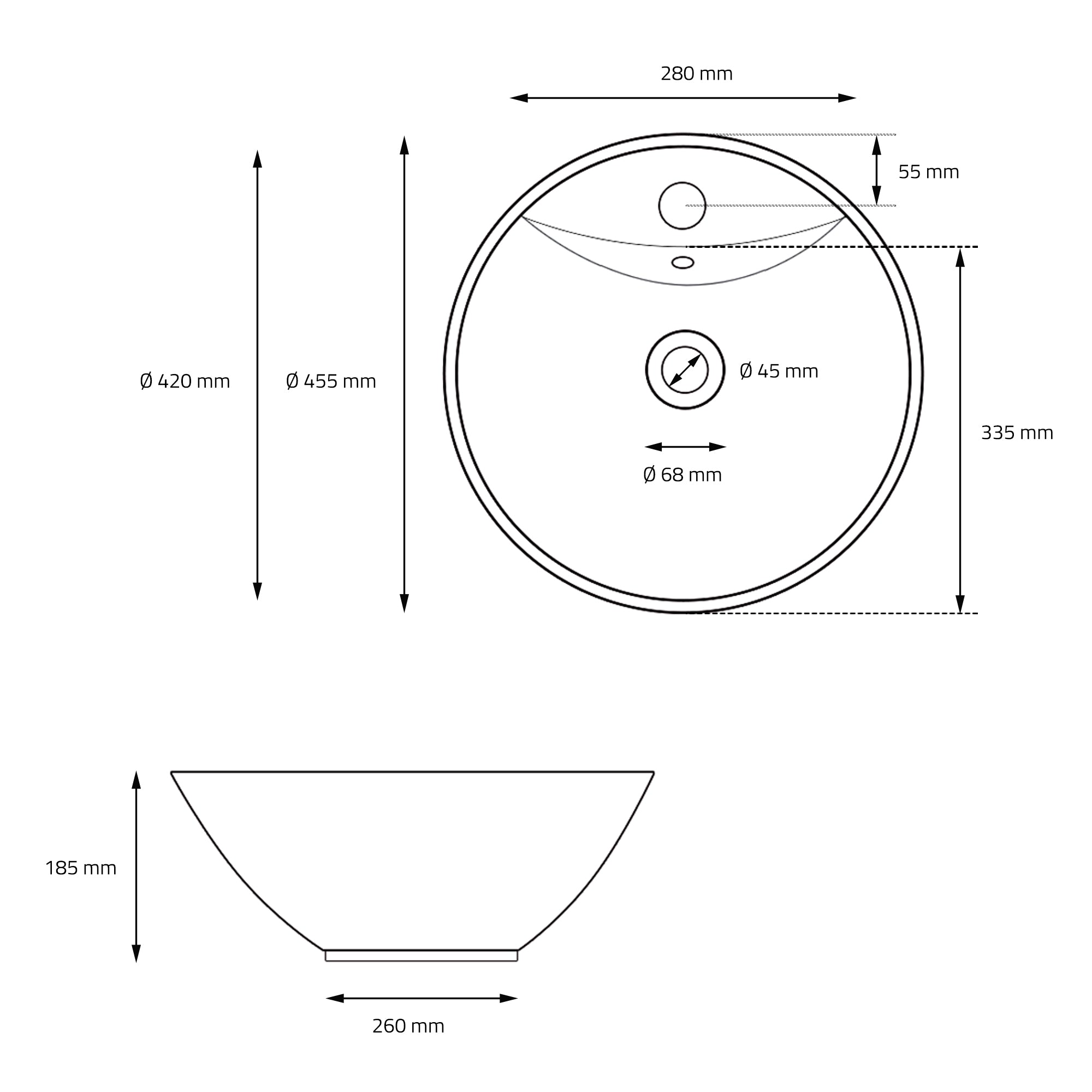 Technical drawing of a round sink with dimensions.