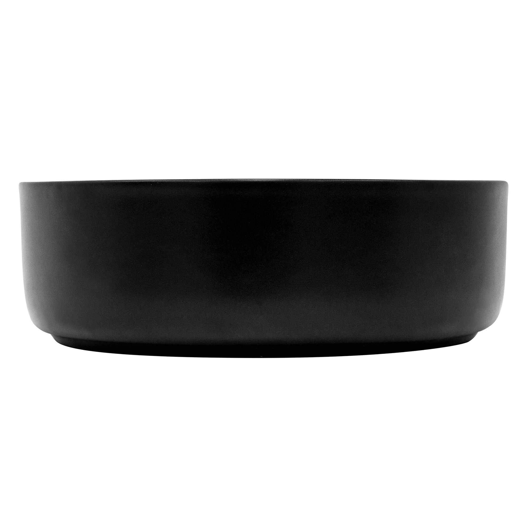 Side view of a black round bowl on a light background.
