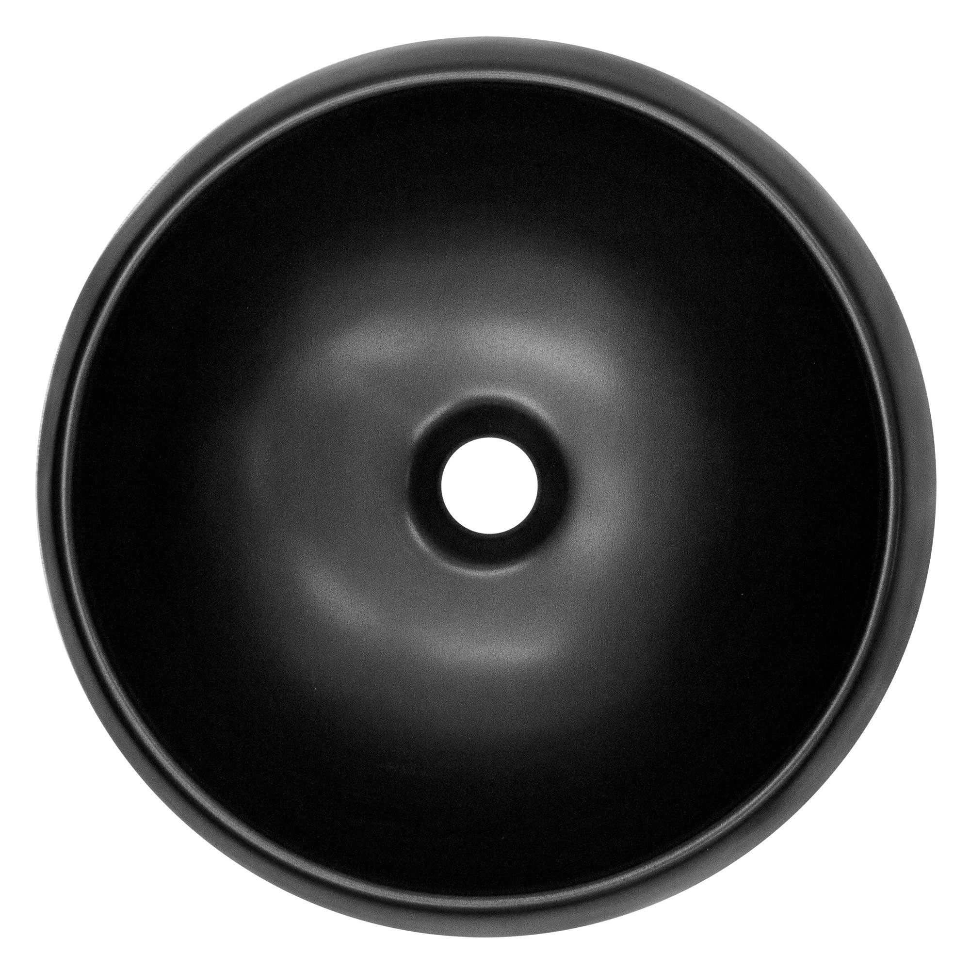 Schwarze, runde Waschschüssel mit zentralem Abflussloch.