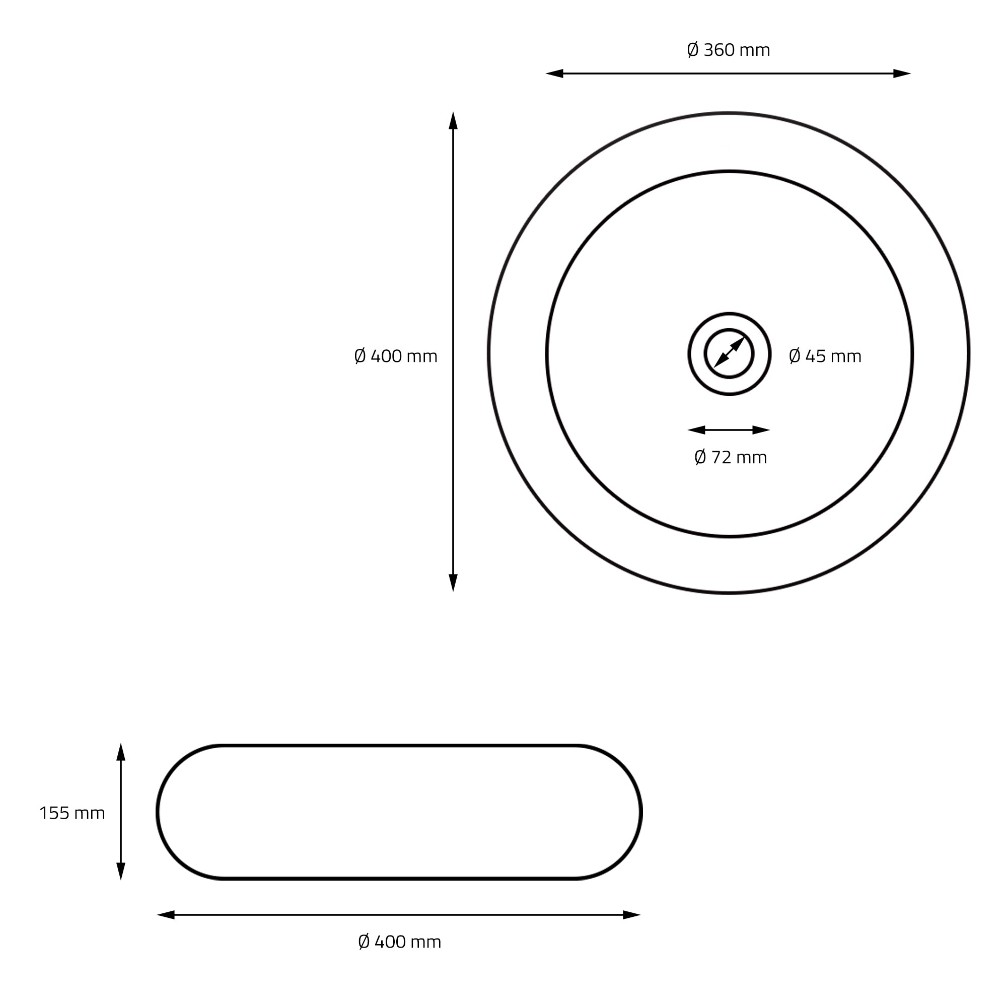 Dibujo técnico de un lavabo redondo con medidas.