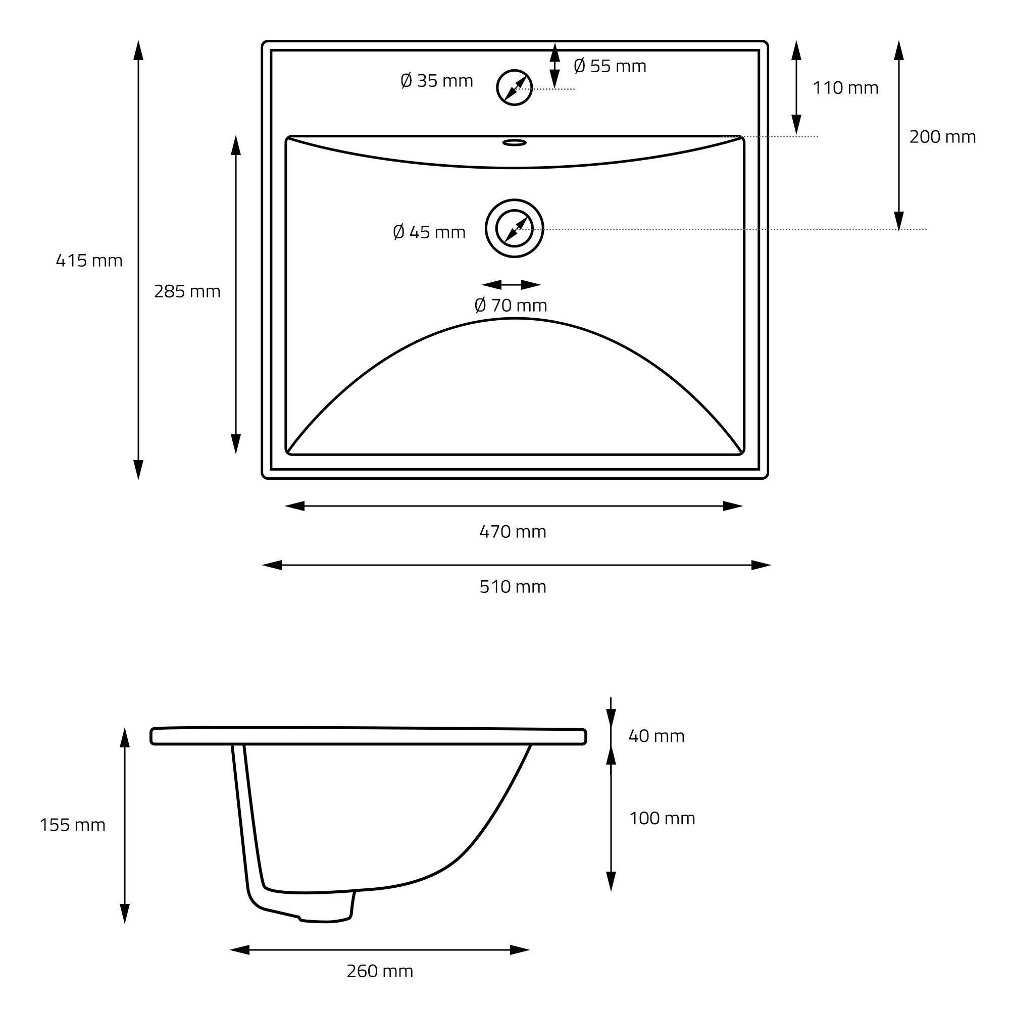 Technical drawing of a sink with dimensions and details.