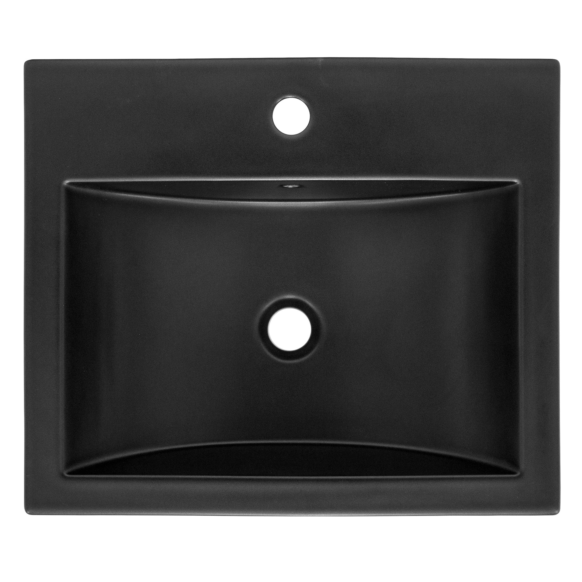 Black sink with a central hole.