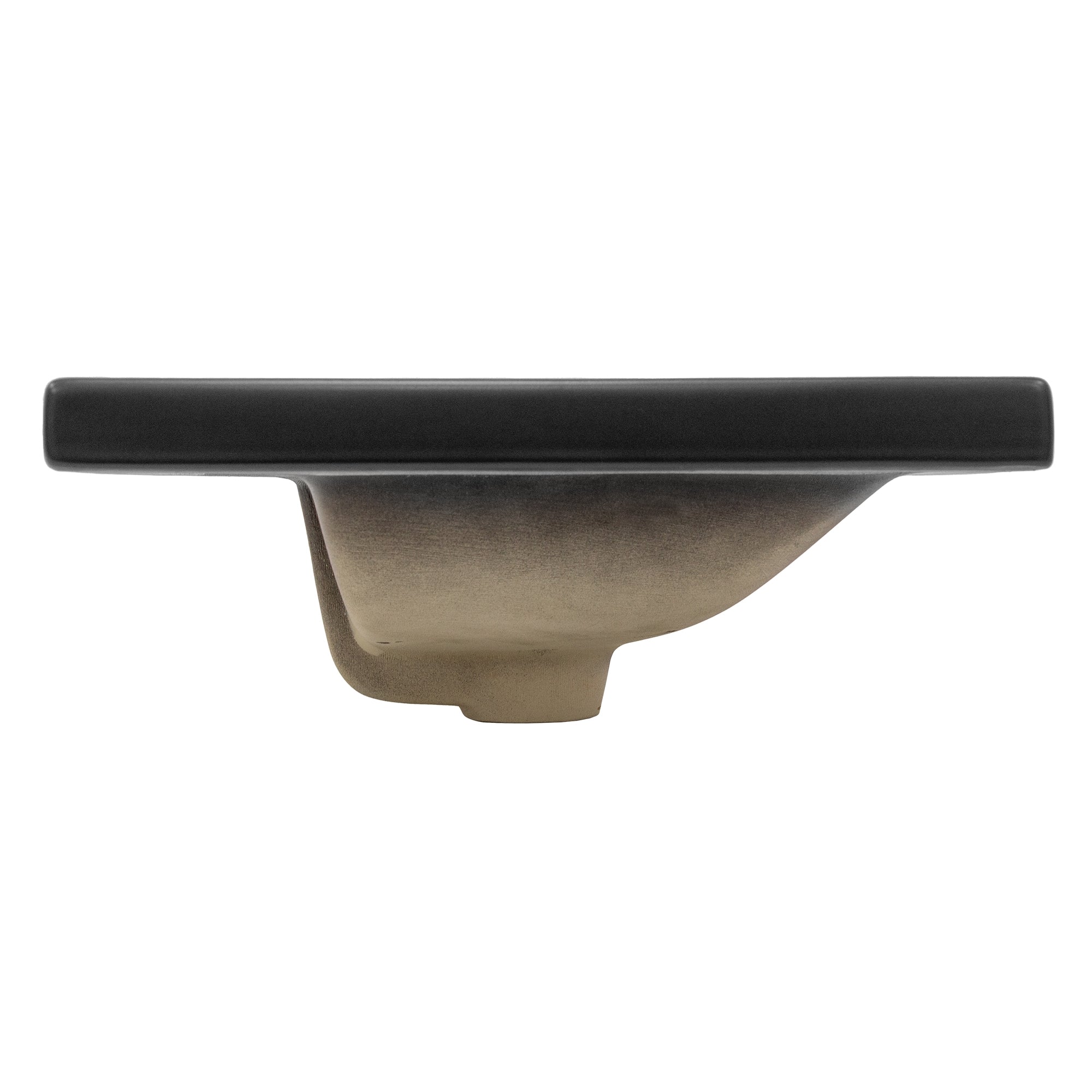Side view of a black sink with rounded edge.