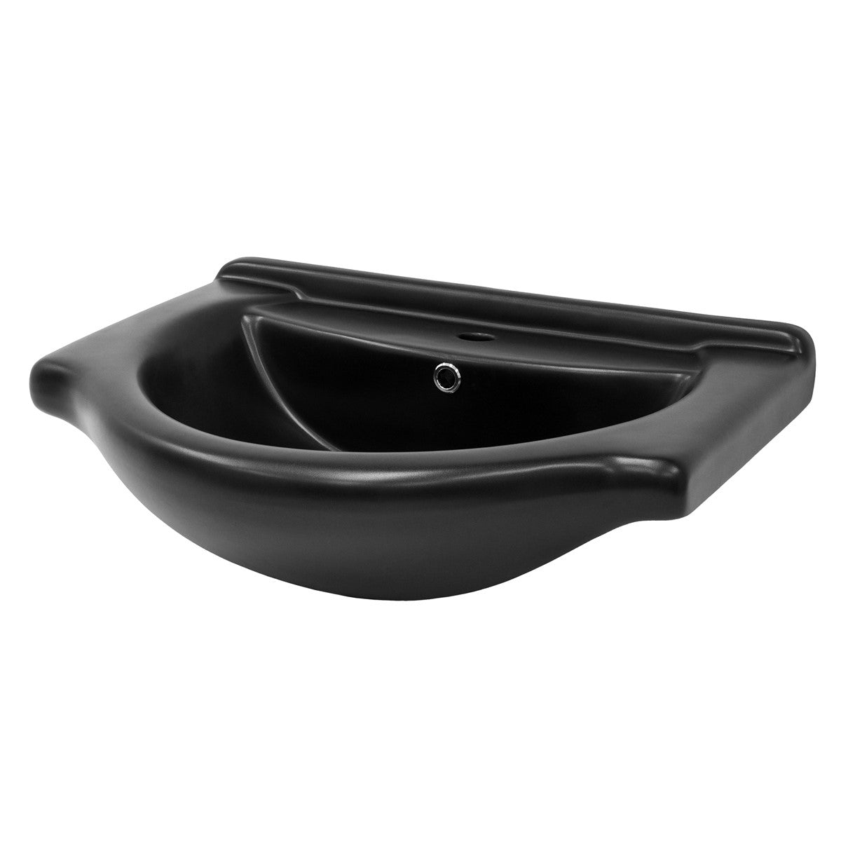 Schwarzes Waschbecken von vorne, mit abgerundeter Form.