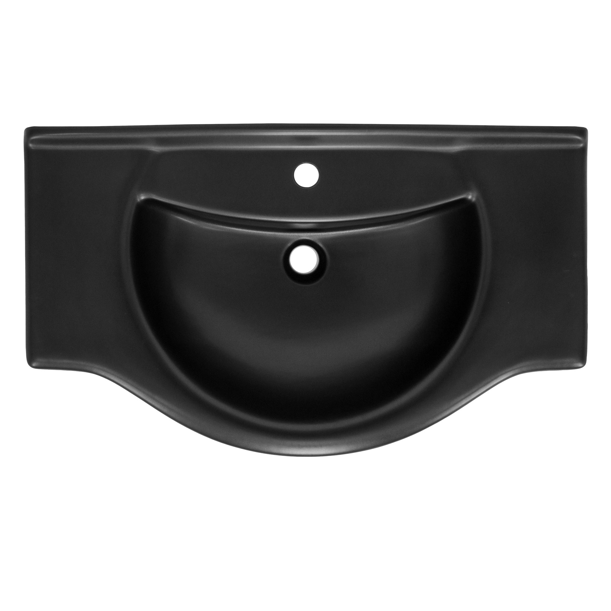 Black sink with a central hole.