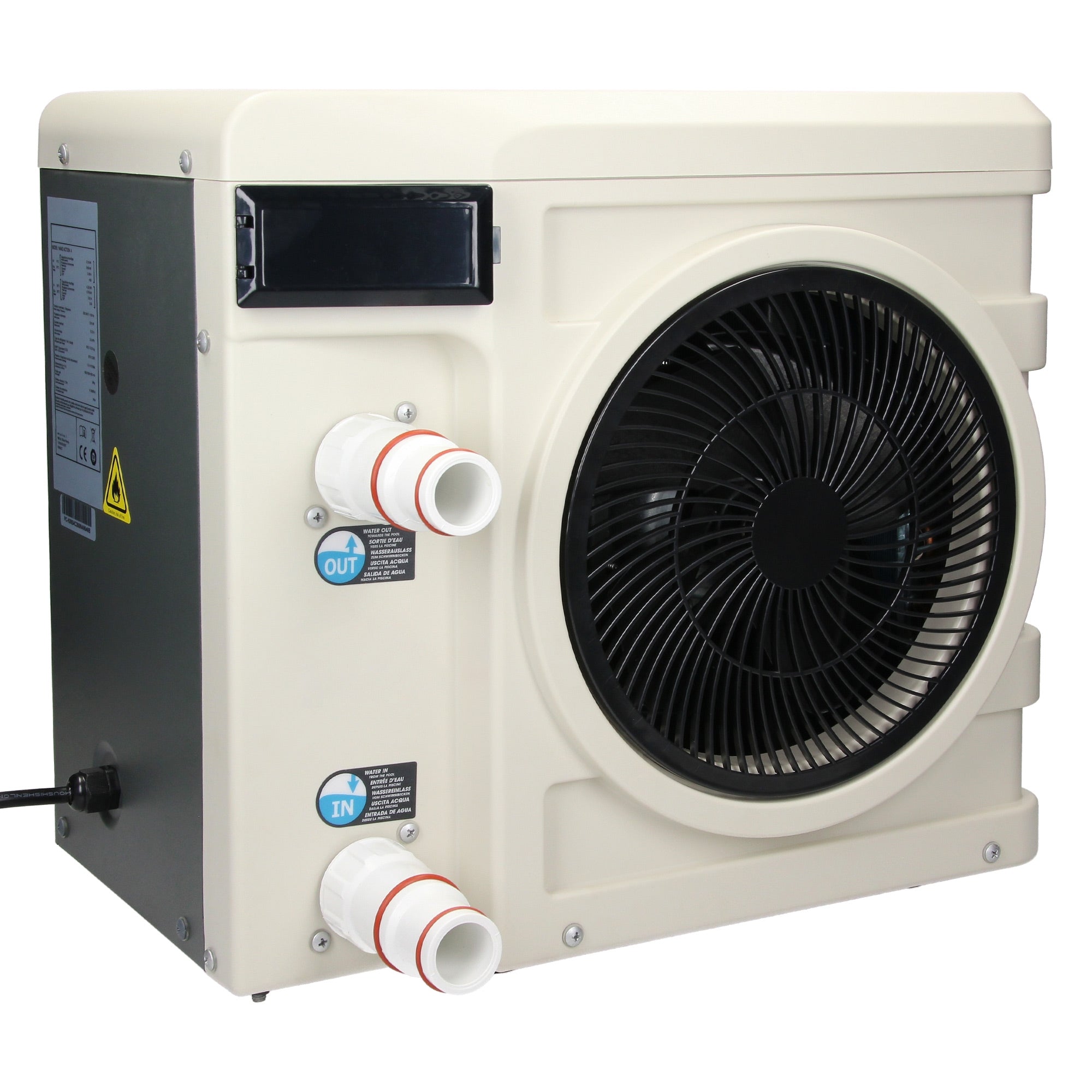 Klimatizace s velkým ventilátorem a několika připojeními na bílé ploše.
