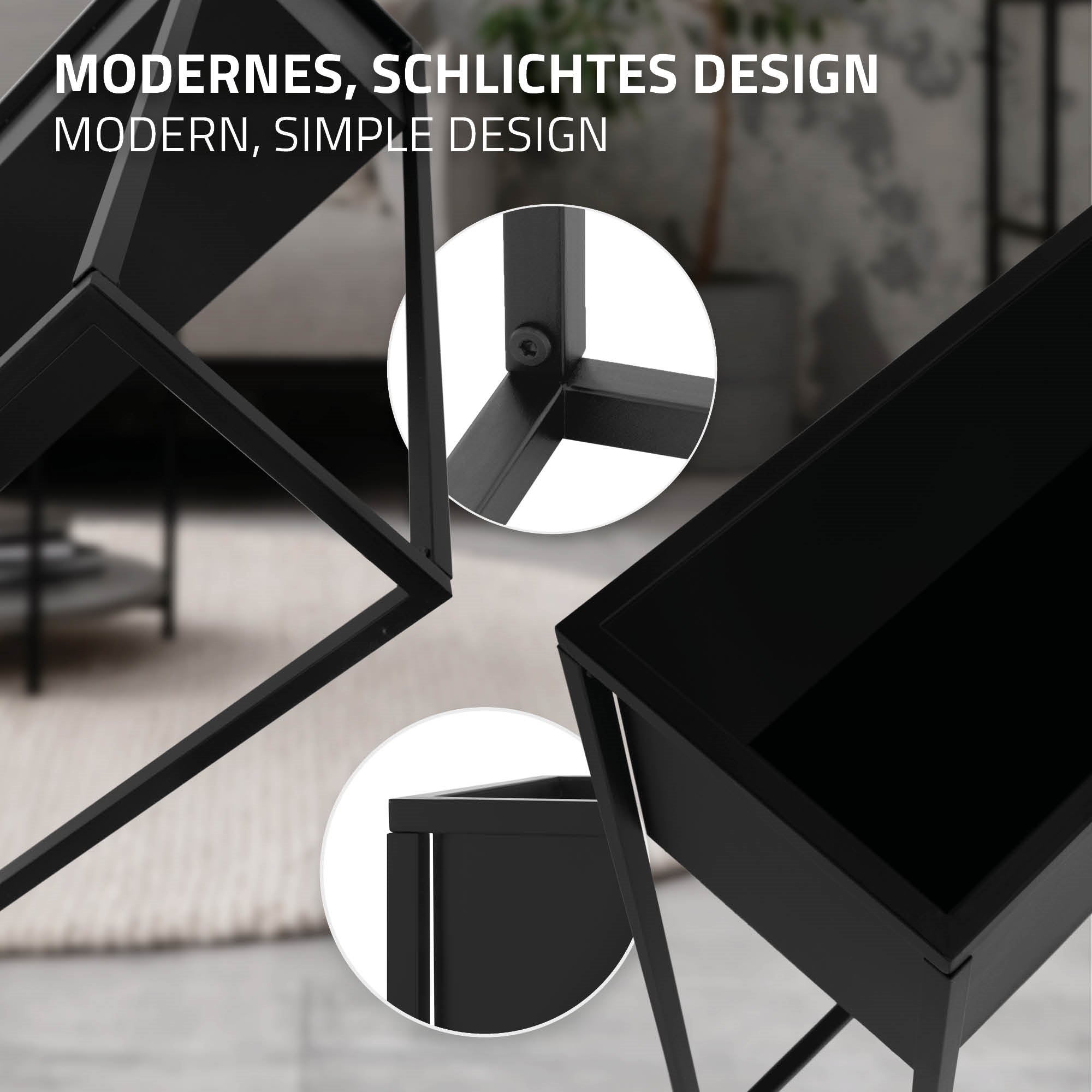 Vue détaillée d'une table moderne noire.