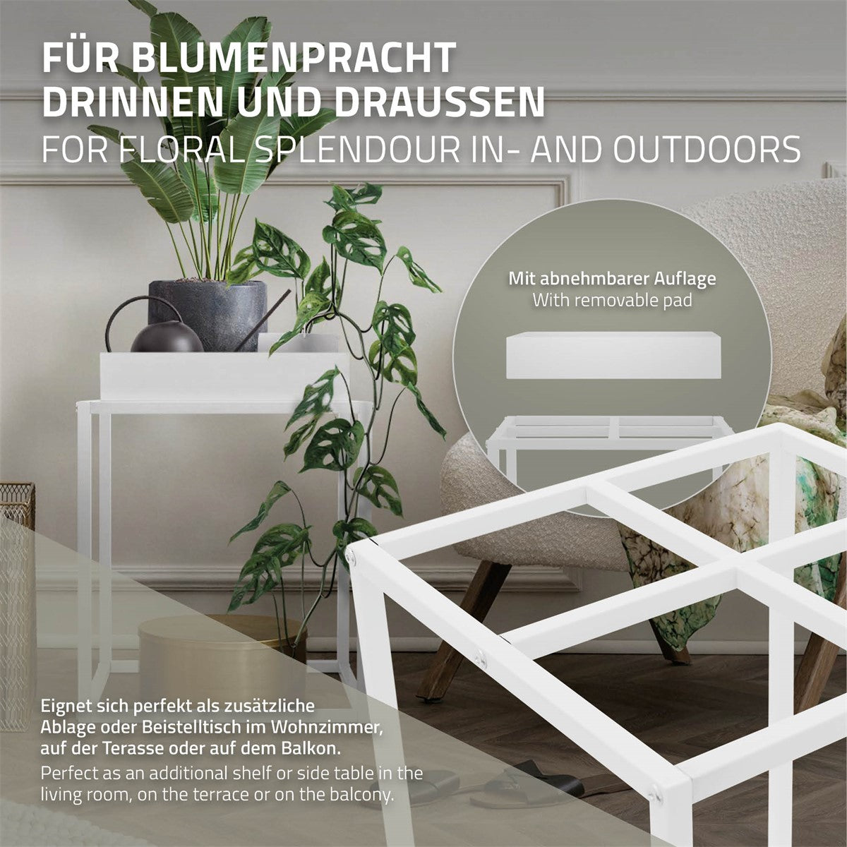 Weißer Blumenständer mit abnehmbarer Auflage und Pflanzen.