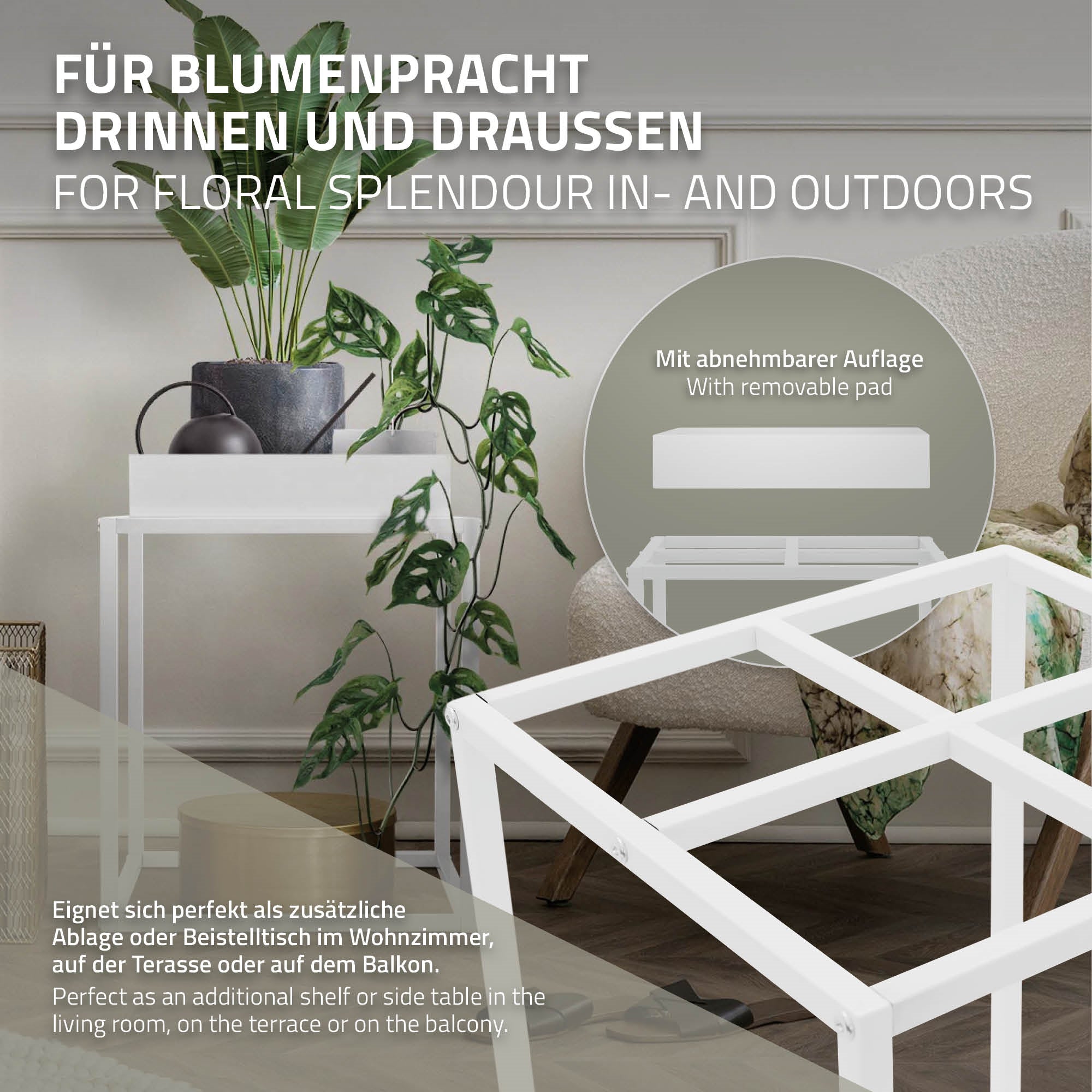 Support à fleurs blanc avec plateau amovible et plantes.