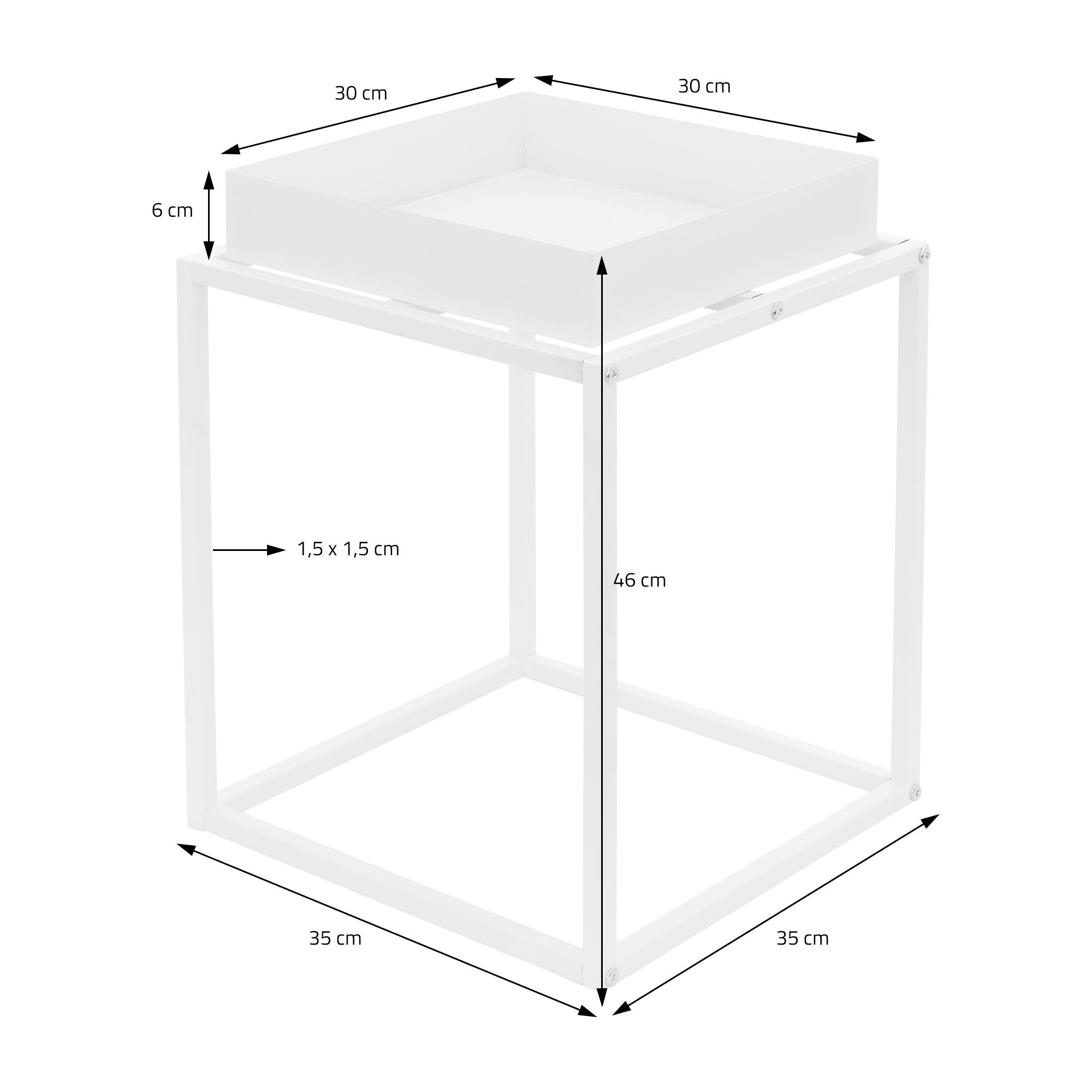 Table blanche avec dimensions et détails de construction.