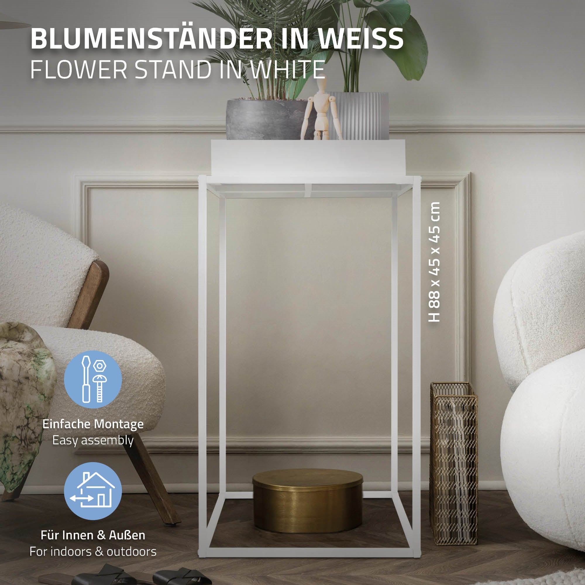 Weißer Blumenständer mit einer Pflanze und einem runden Behälter darauf.