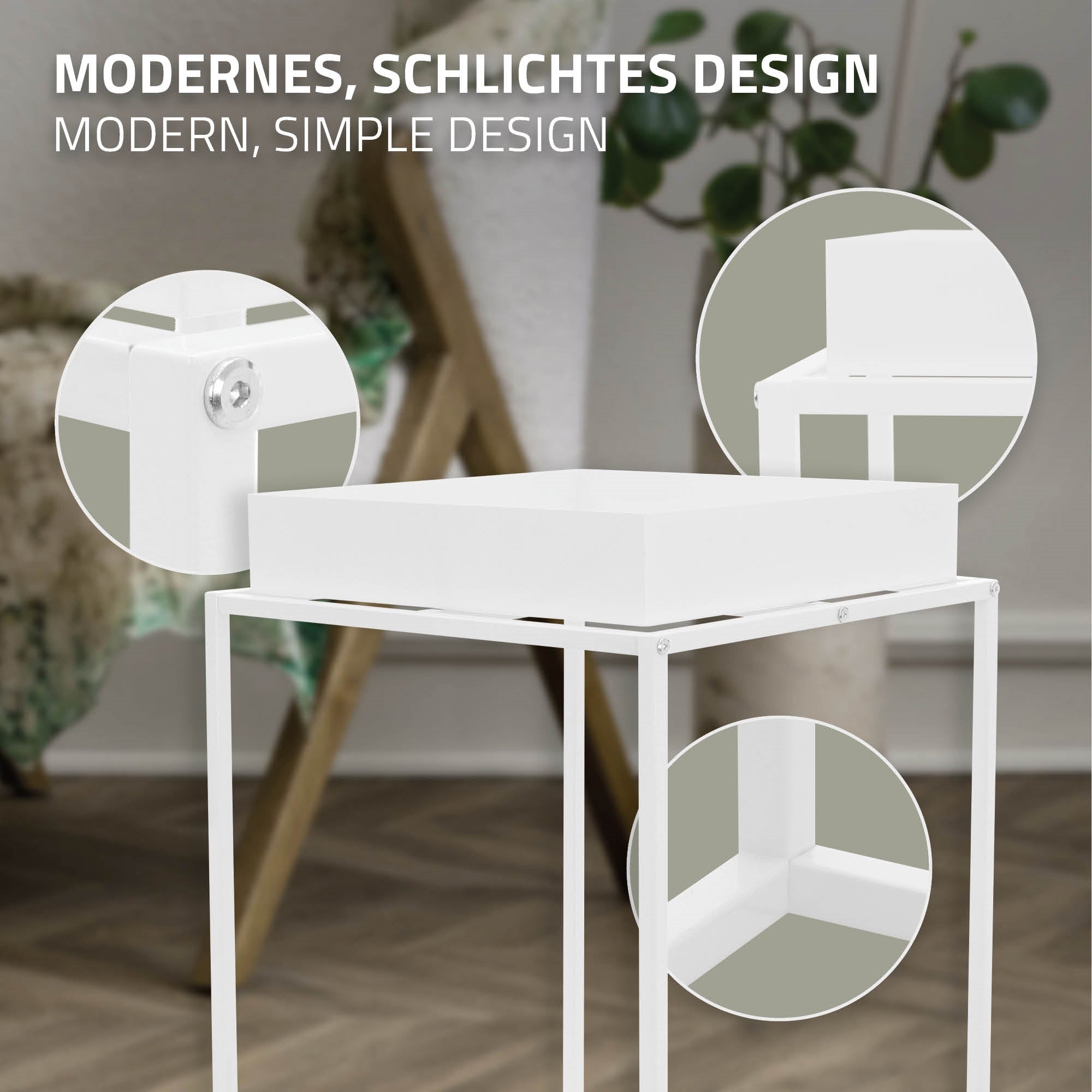 Detailaufnahme eines weißen Tisches mit modernem Design und sichtbaren Schrauben.
