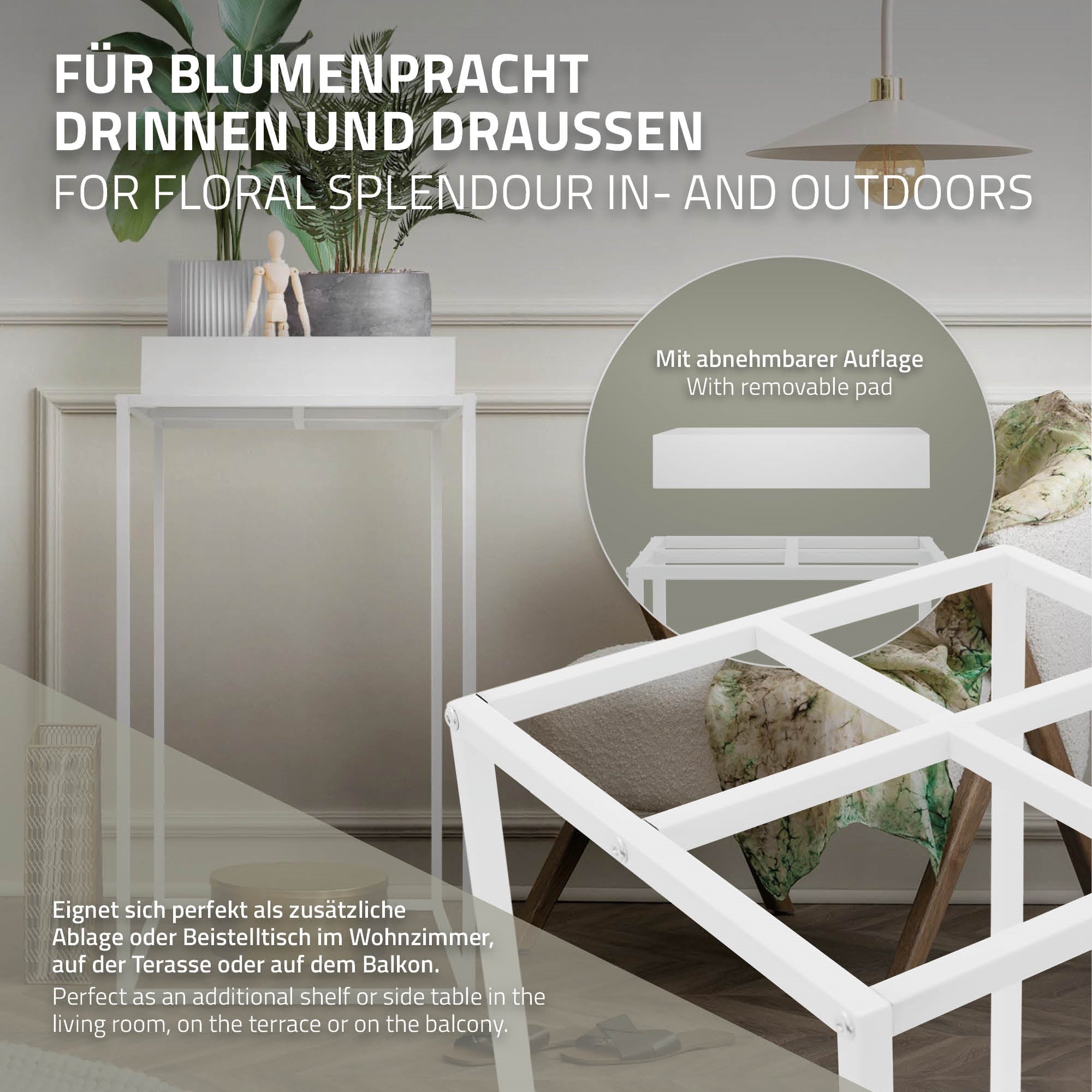 Weißer Beistelltisch mit abnehmbarem Auflagepad, geeignet für Innen- und Außenbereich.