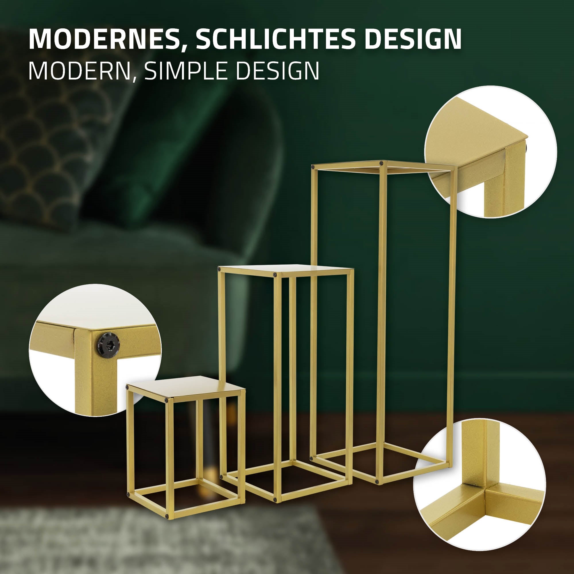 Trois structures de table dorées au design moderne, de hauteurs différentes.