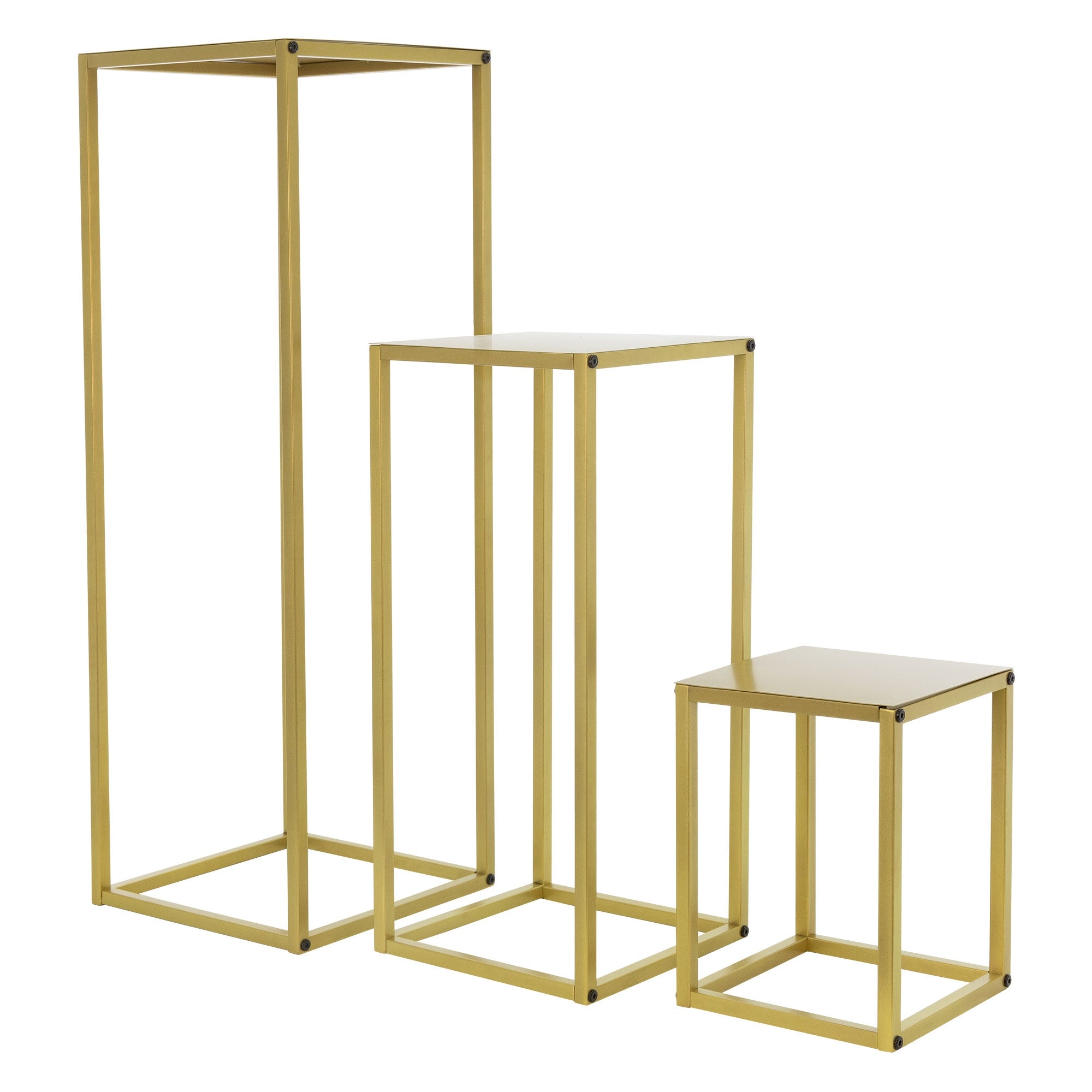 Trois structures de table dorées de hauteurs différentes sur un fond blanc.