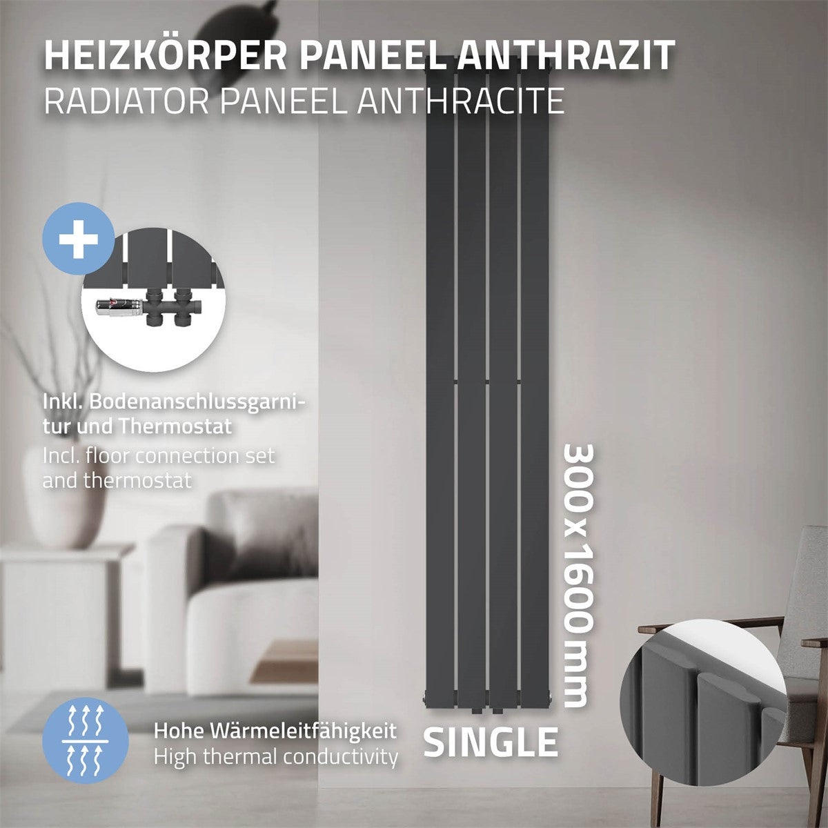 Anthrazitfarbener Heizkörper mit Bodenanschluss und Thermostat.