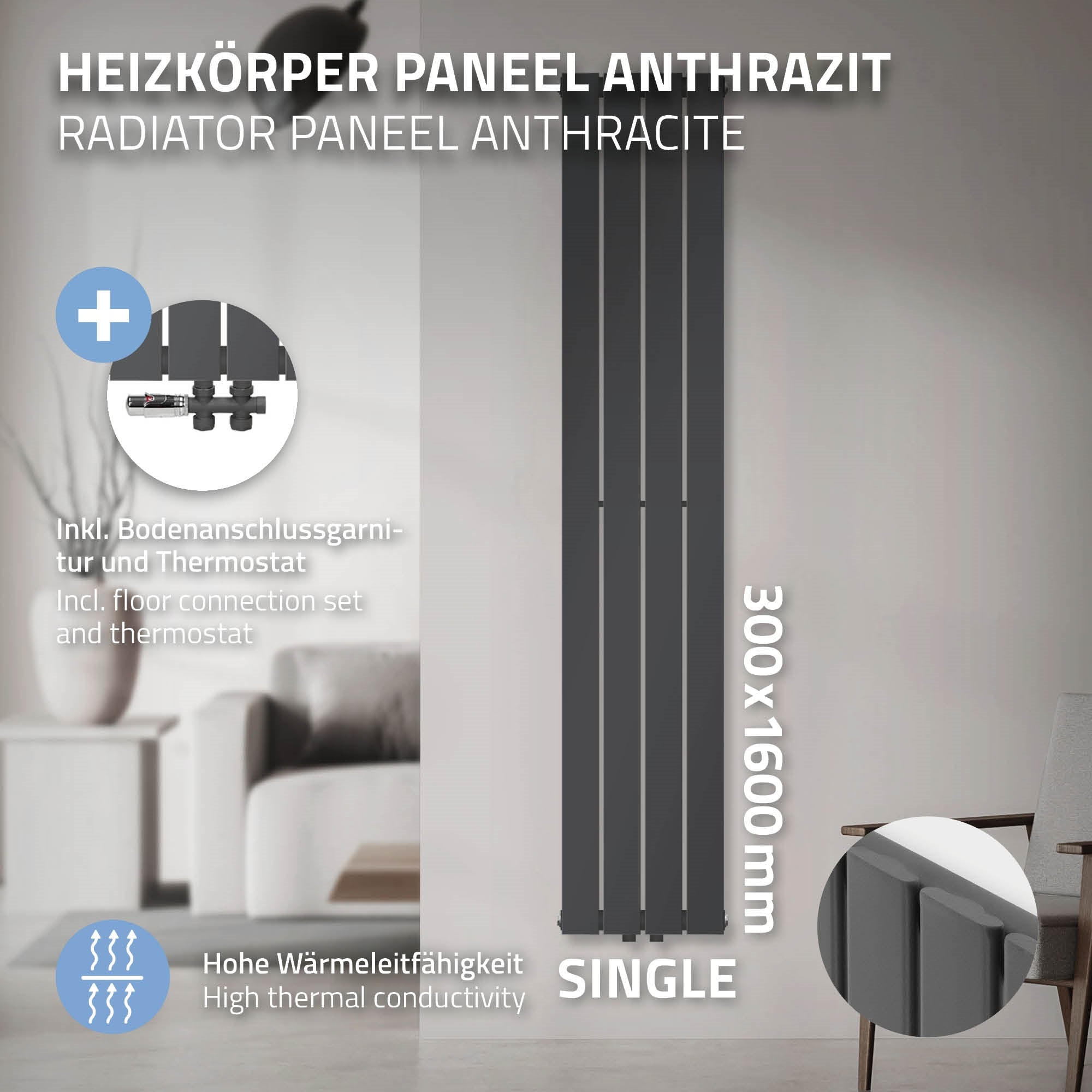 Anthracite radiator with floor connection and thermostat.