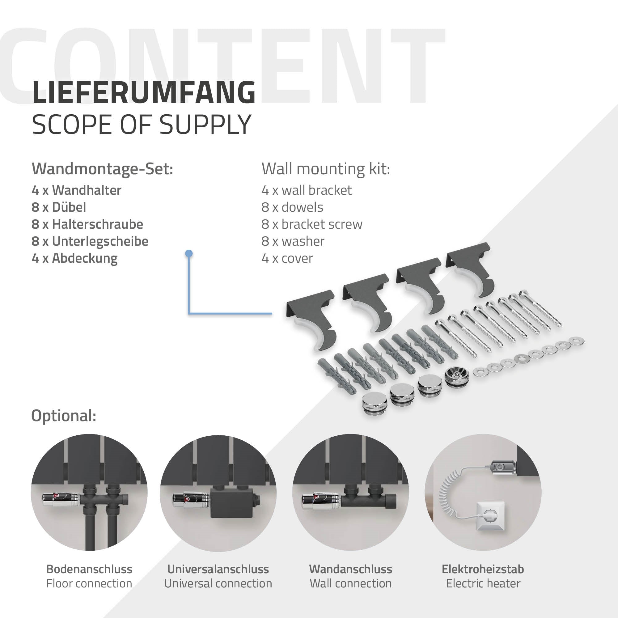 Wall mounting set with brackets, screws, and washers.