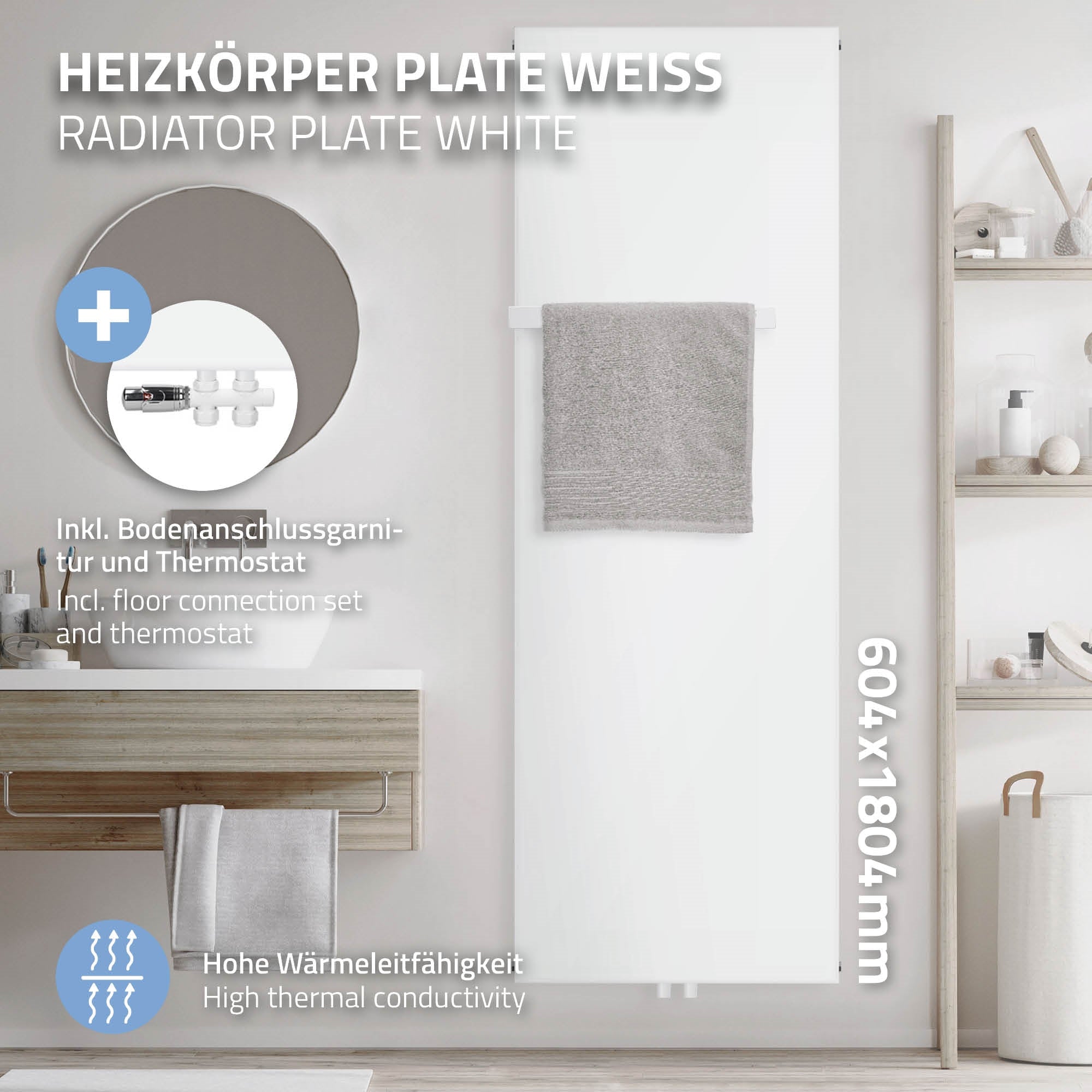 Weißer Heizkörper mit Handtuchhalter und Zubehör in einem Badezimmer.