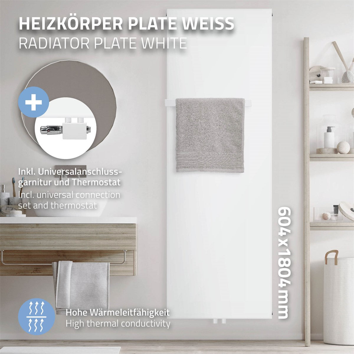Radiator alb cu prosop și termostat.
