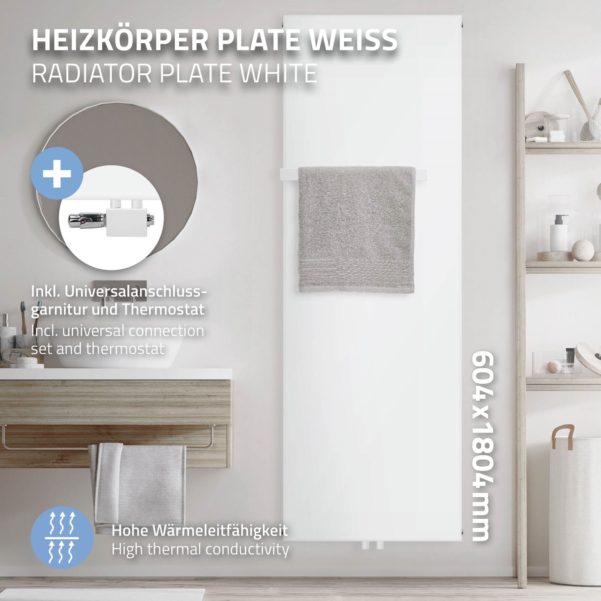 Weißer Heizkörper mit Handtuch und Thermostat.