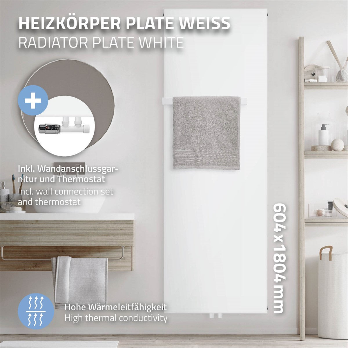 Hvid radiator med håndklæde, vægtilslutning og termostat, 604 × 1804 mm.