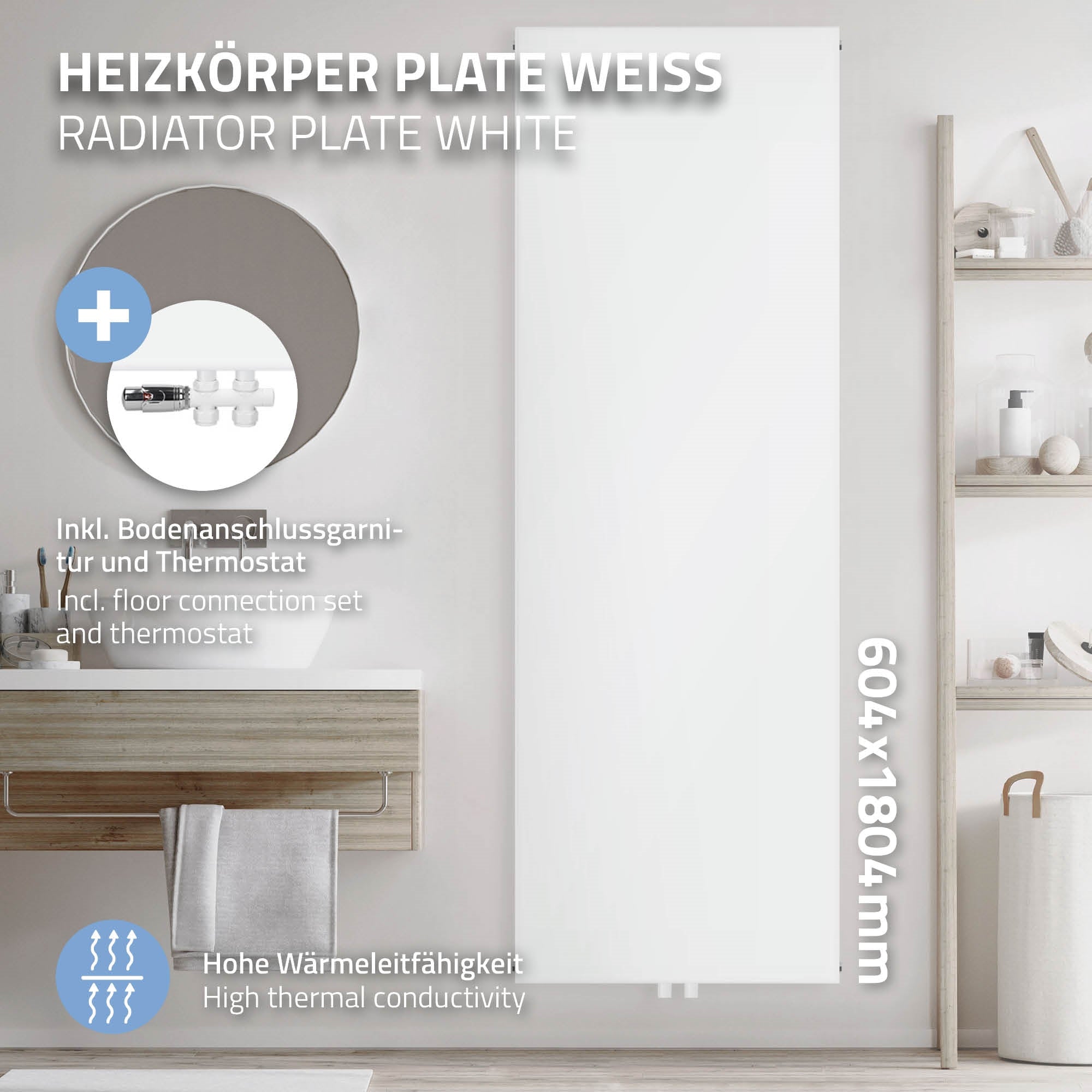 White radiator panel with accessories and dimensions.