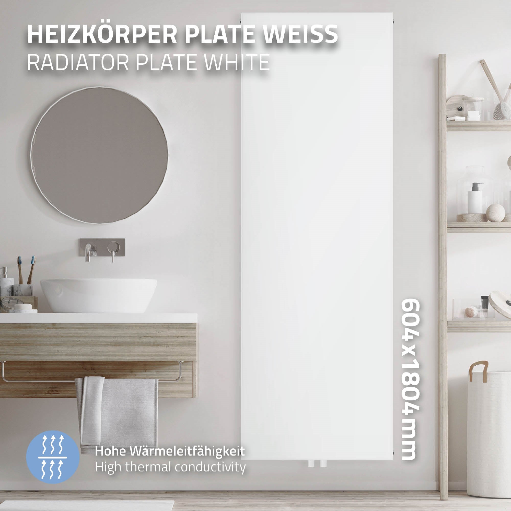 Hvid radiator i et moderne badeværelse med spejl.