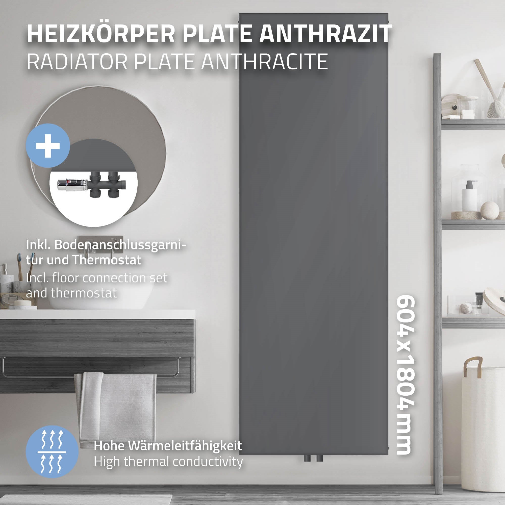 Anthrazitfarbener Heizkörper mit Handtuch und Zubehör.