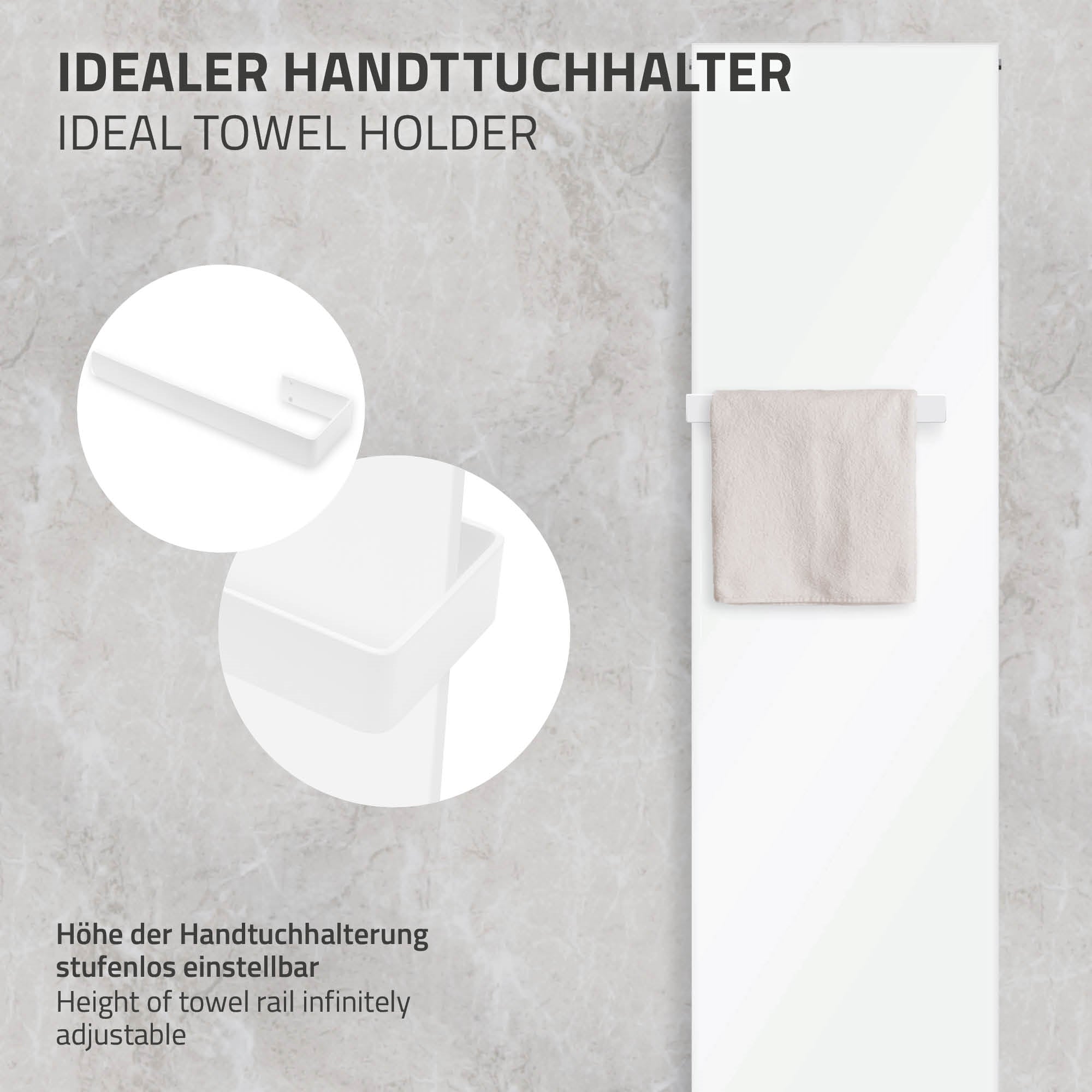 Heizkörperplatte in Weiß mit Handtüchern und Thermostat.