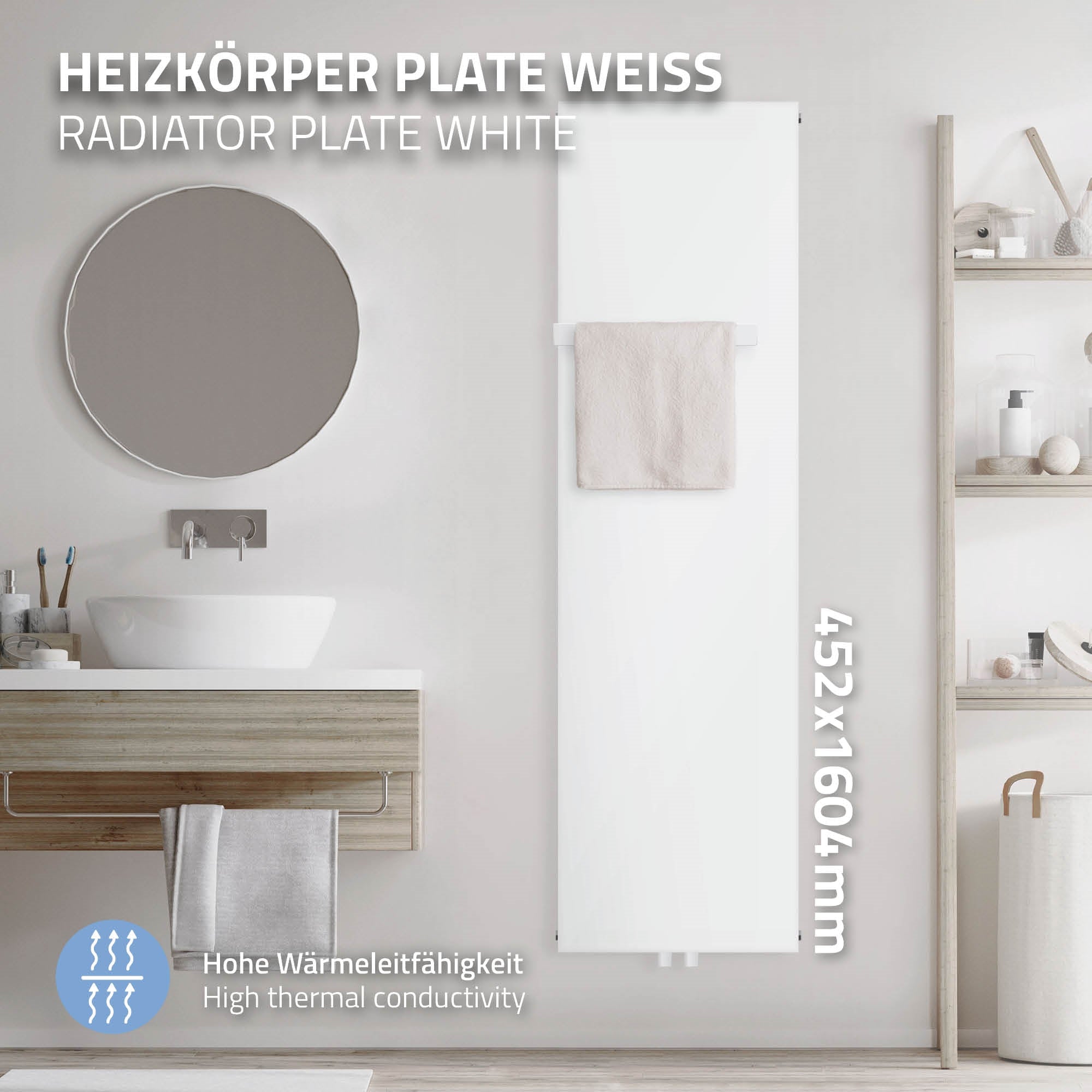 Weißer Heizkörper an der Wand, ein Handtuch, runder Spiegel im Badezimmer.