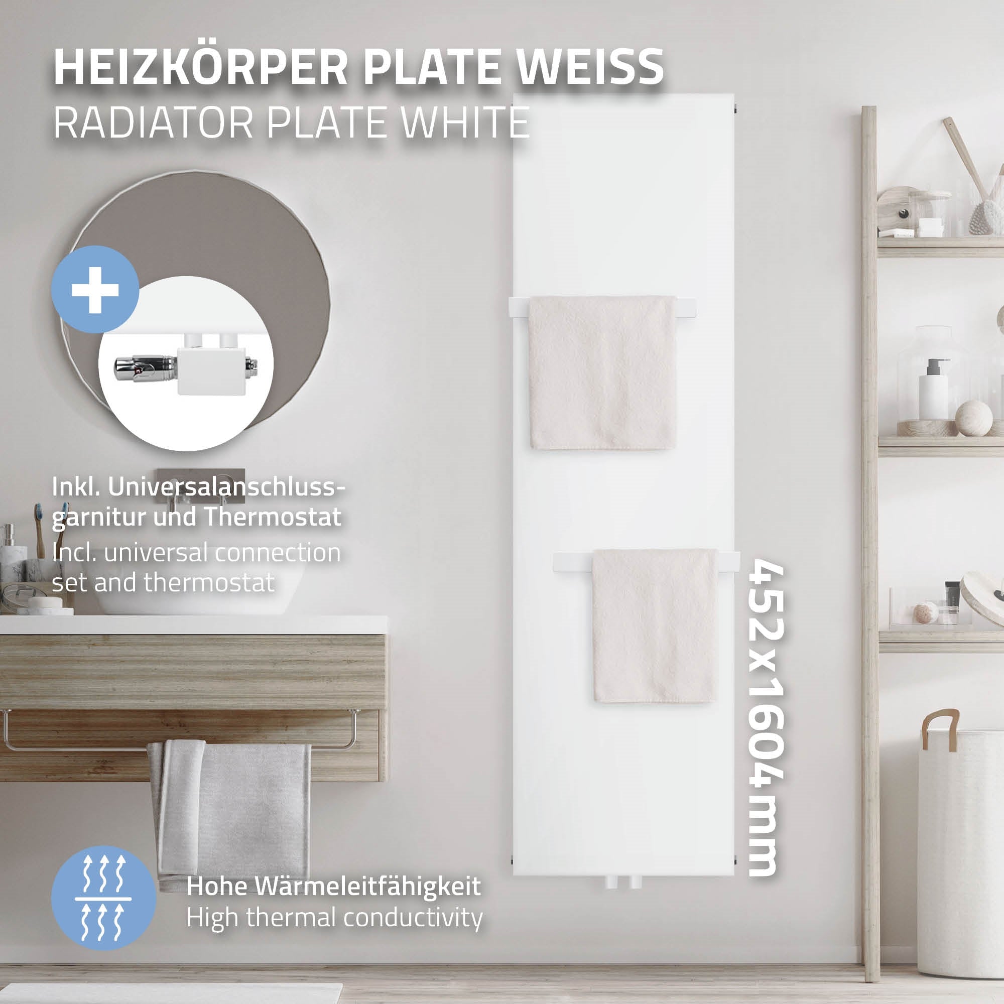Weißer Heizkörper mit universellem Anschluss und Thermostat.