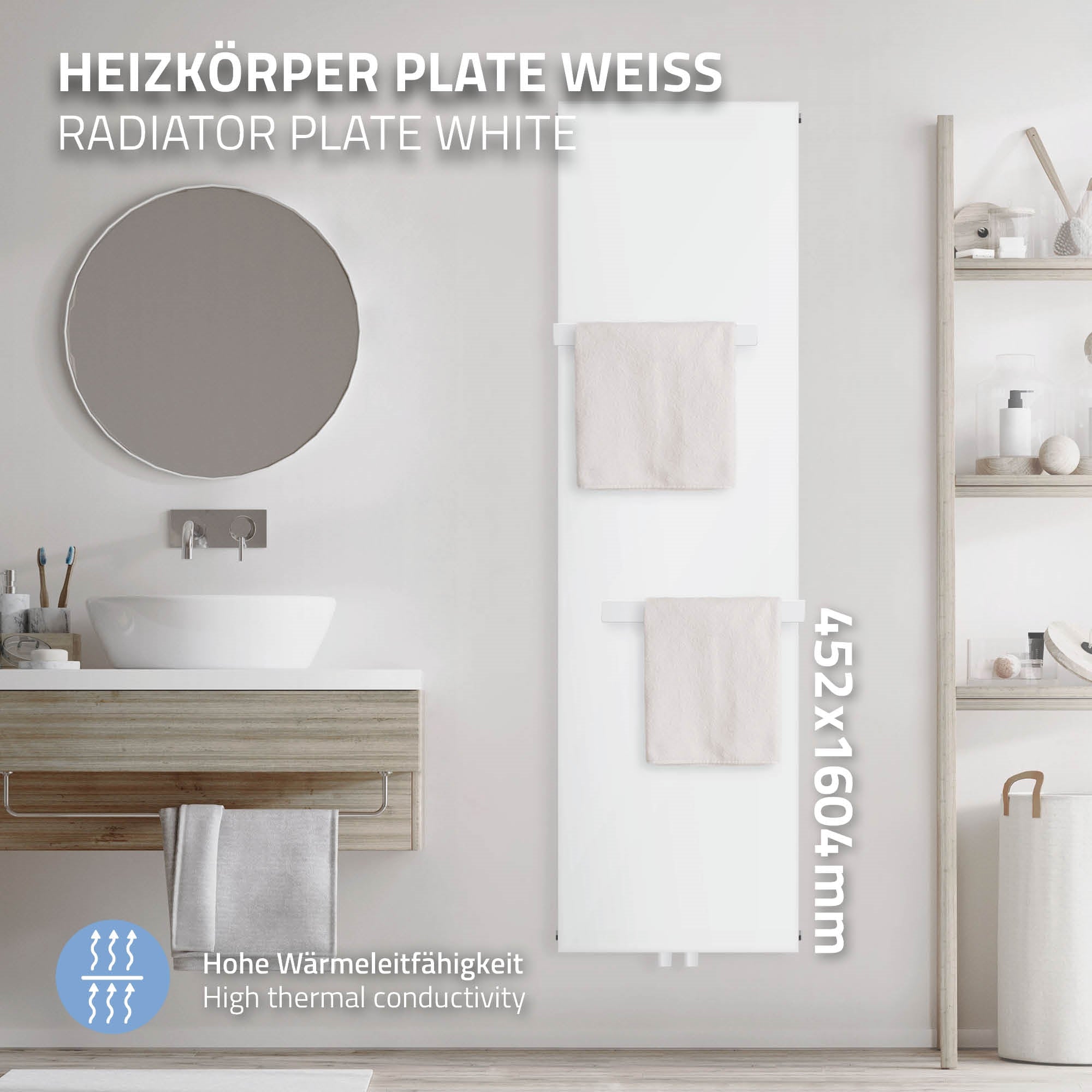 Weißer Heizkörper mit Handtuchhaltern in einem Badezimmer.