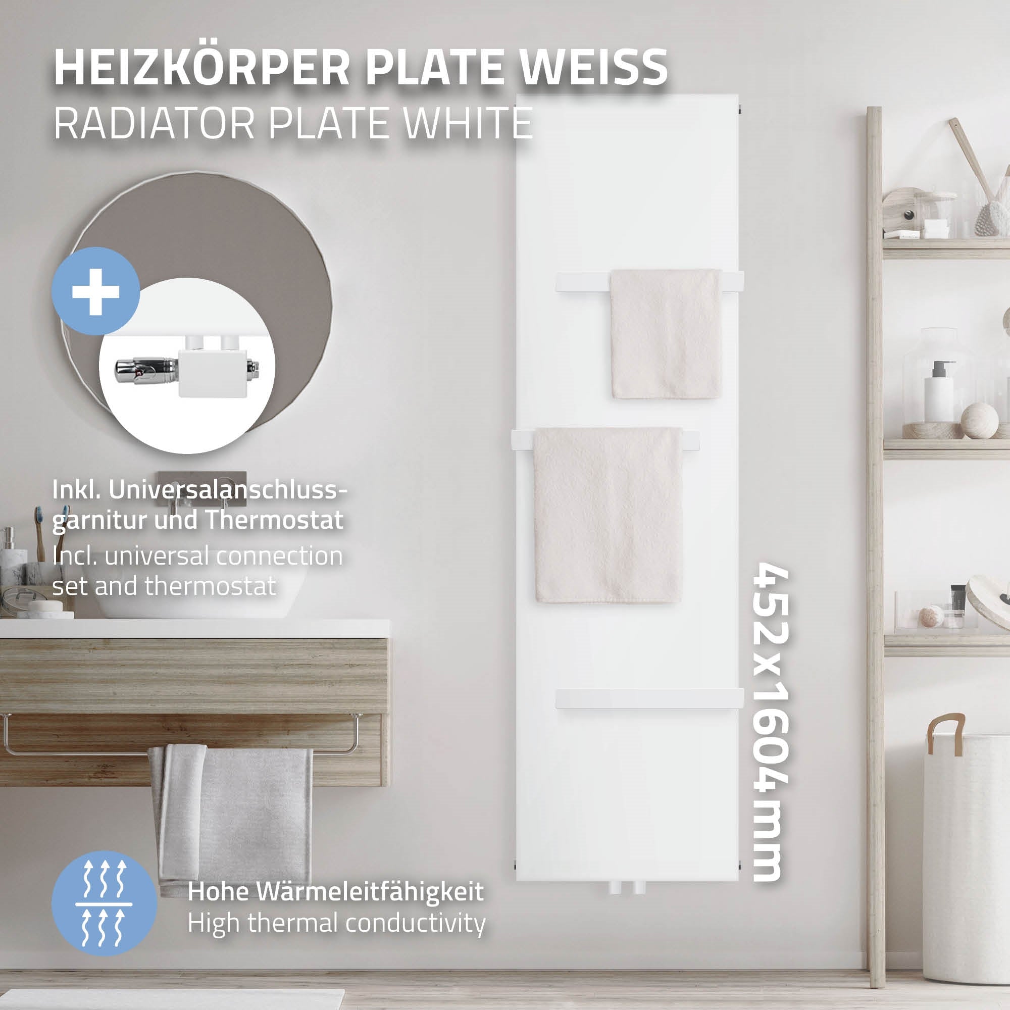 Weiße Heizkörperplatte an einer Wand mit Handtüchern.