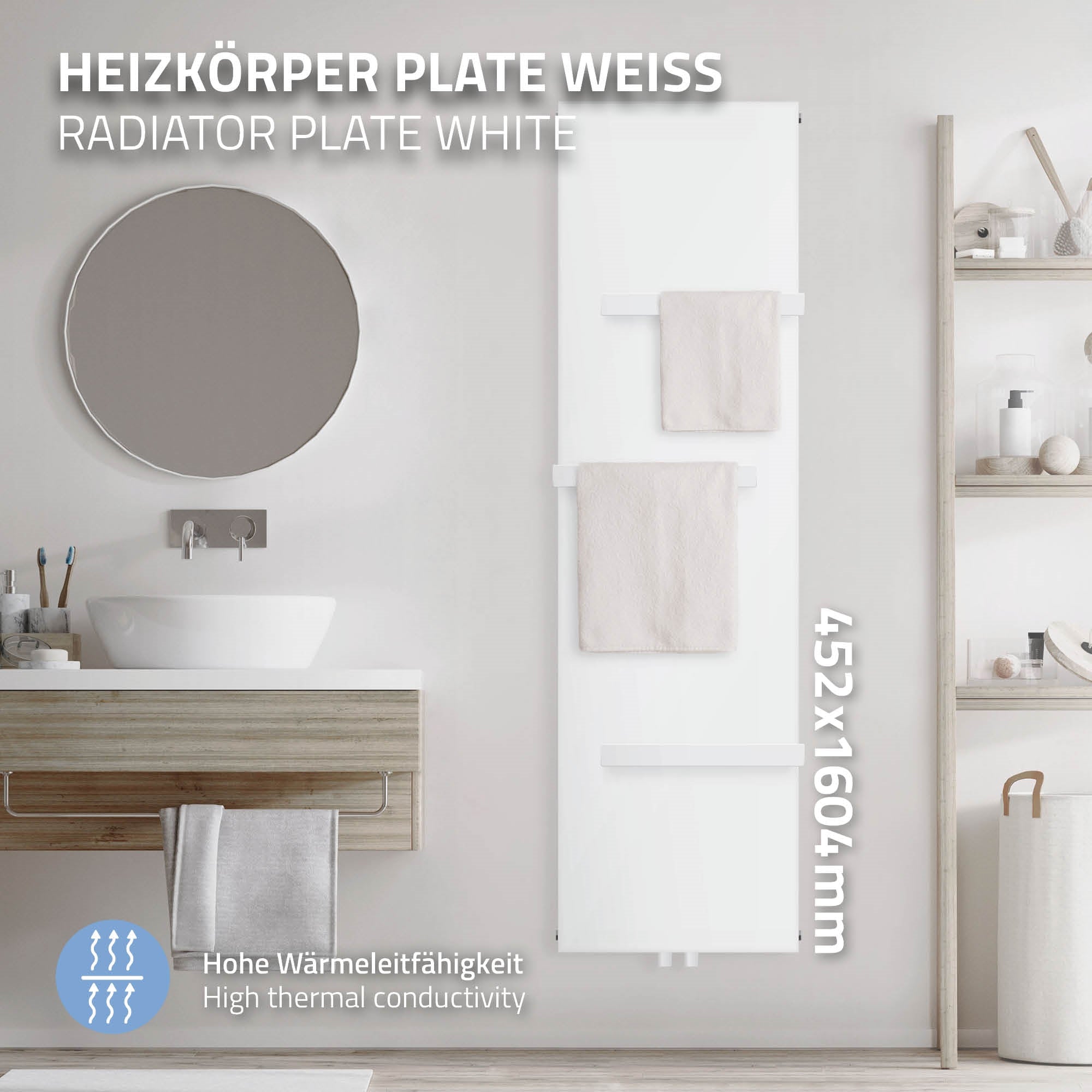 Weißer Heizkörper mit zwei Handtüchern und runder Spiegelfläche.