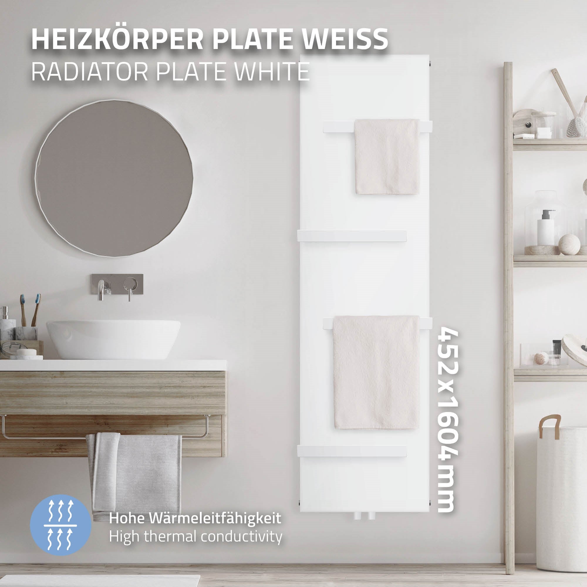 Weißer Heizkörper mit Handtuchhaltern in einem Badezimmer.