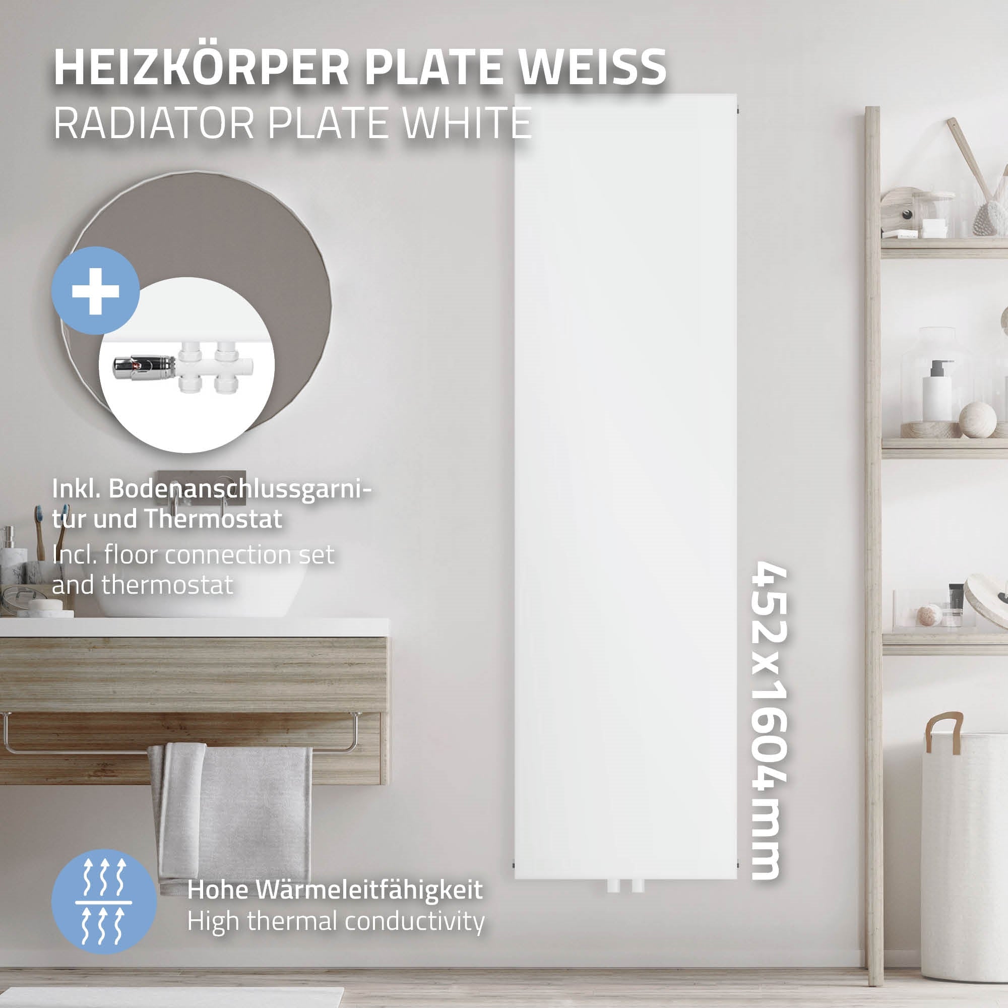Weißer Heizkörper mit Bodenanschluss und Thermostat.