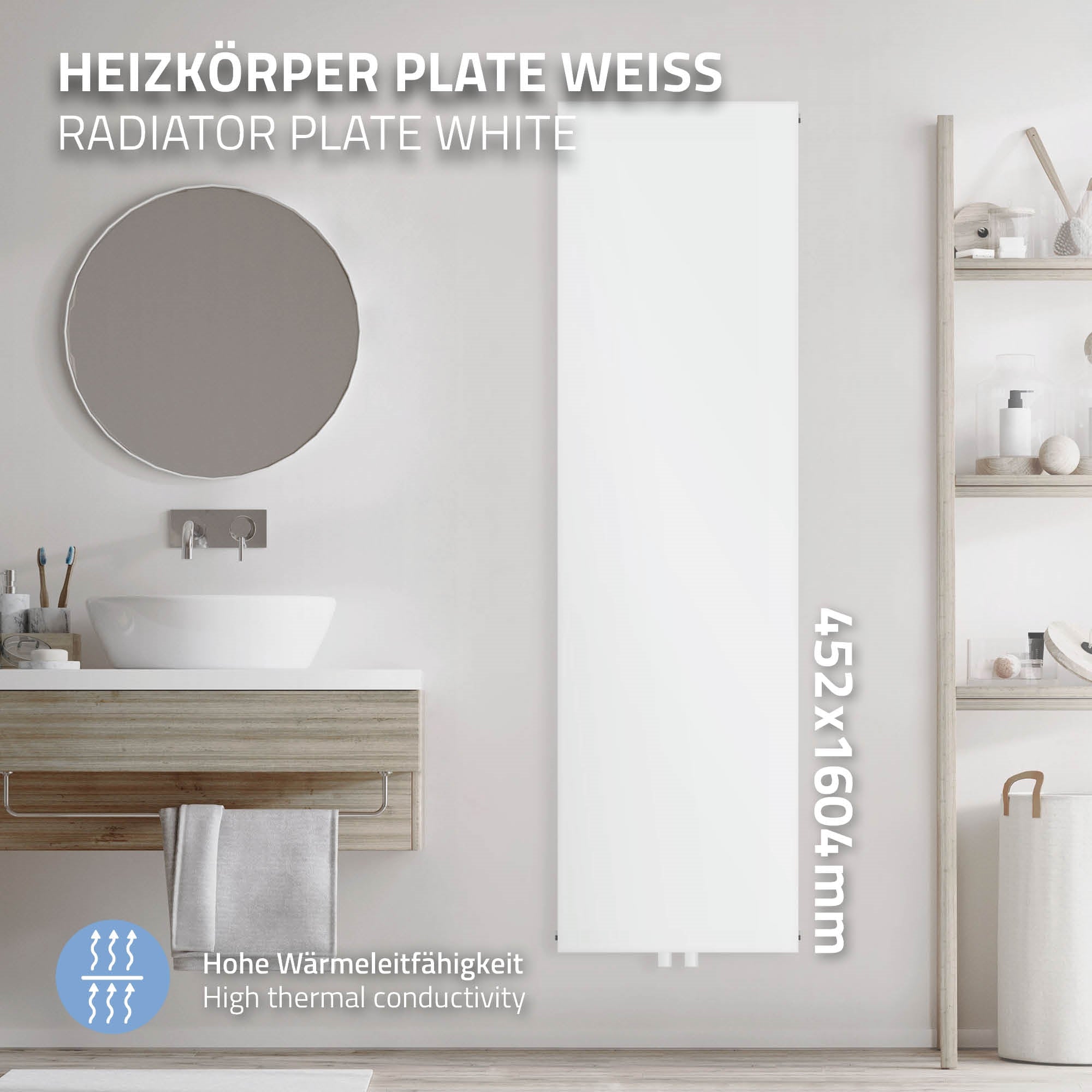 Weißer Heizkörper mit runder Spiegelfläche im Badezimmer.