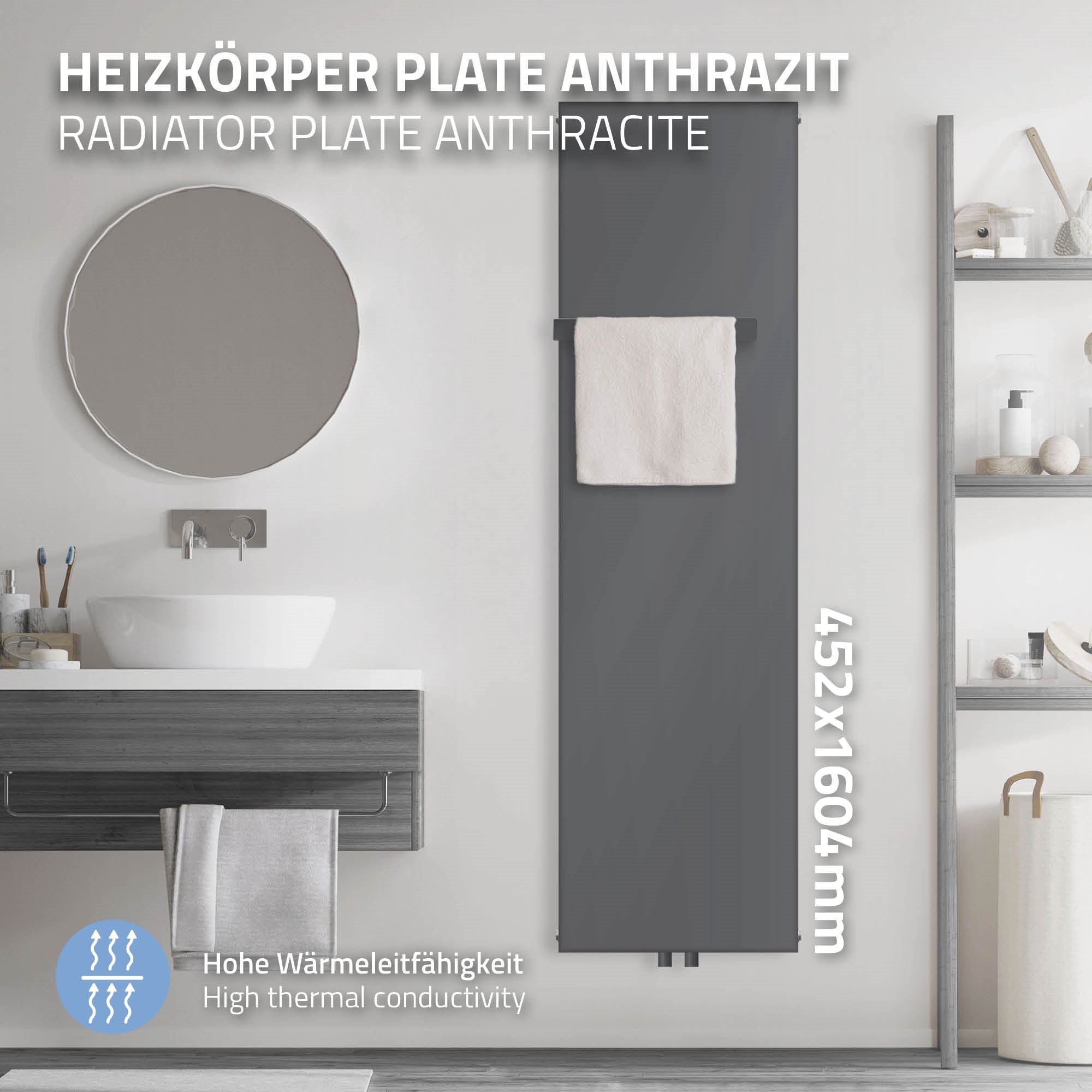 Anthrazitfarbener Heizkörper mit einem Handtuch und Thermostat.