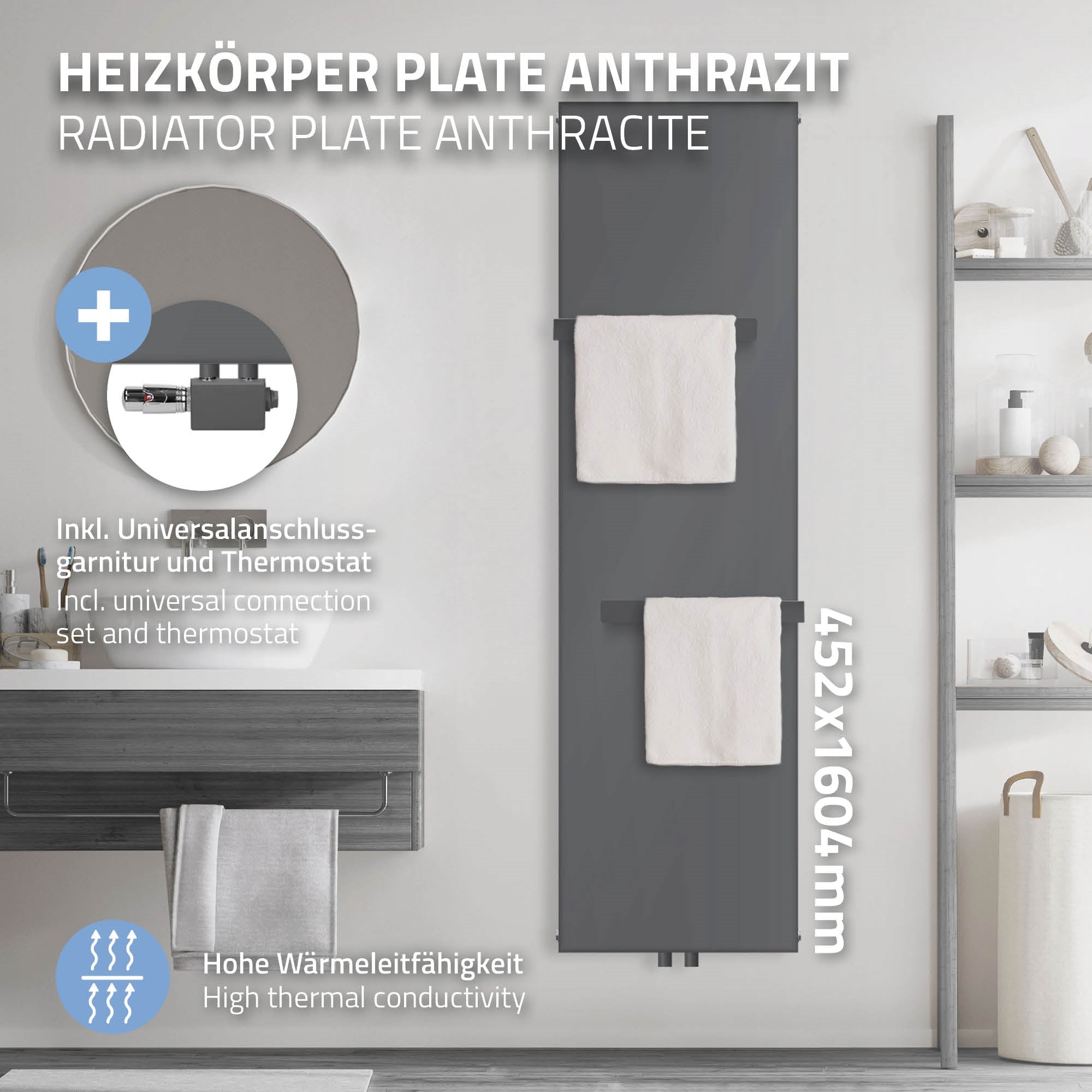 Anthrazitfarbener Heizkörper mit zwei Handtüchern und Thermostat.