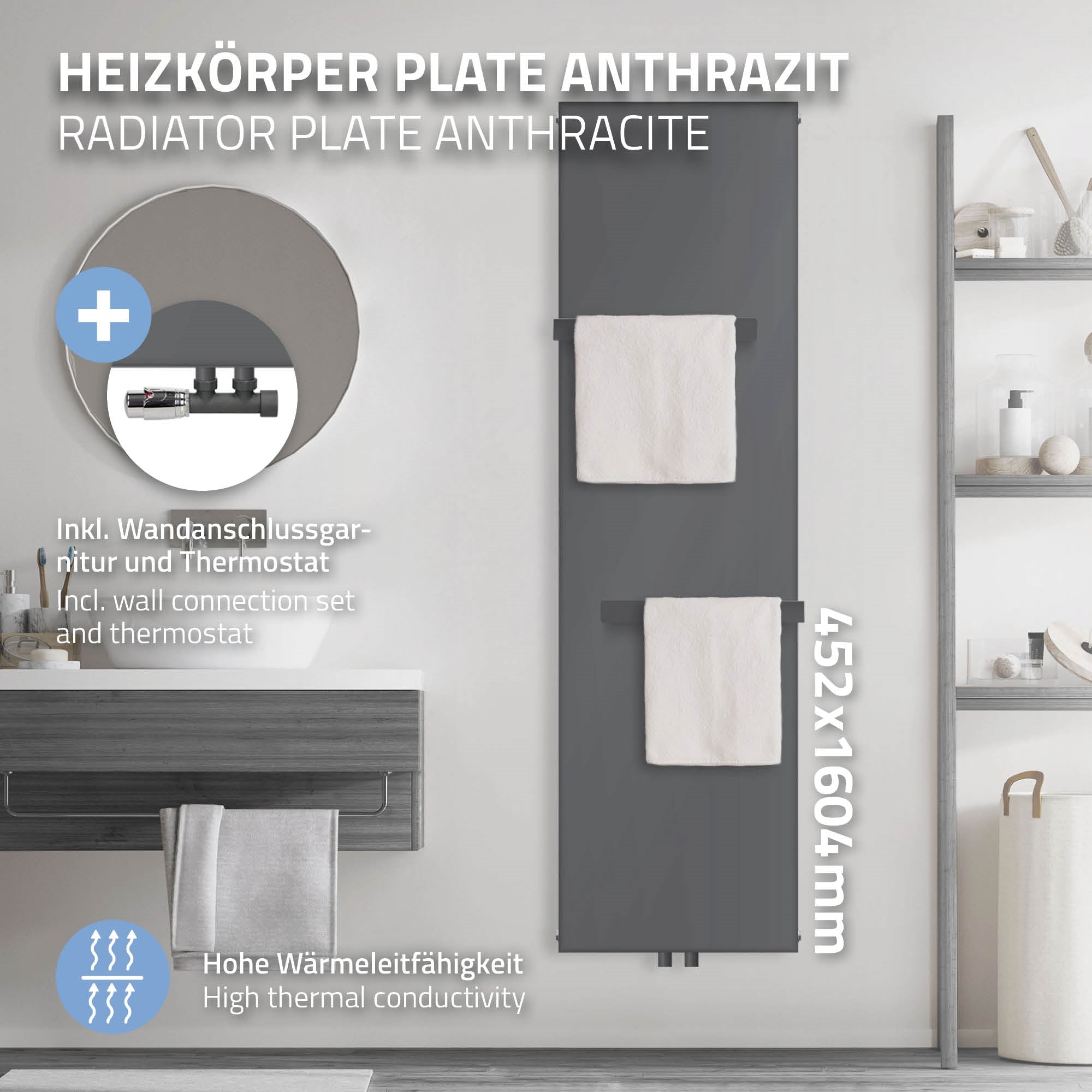 Anthrazitfarbener Heizkörper mit einem Handtuch, Maße 452x1604 mm.