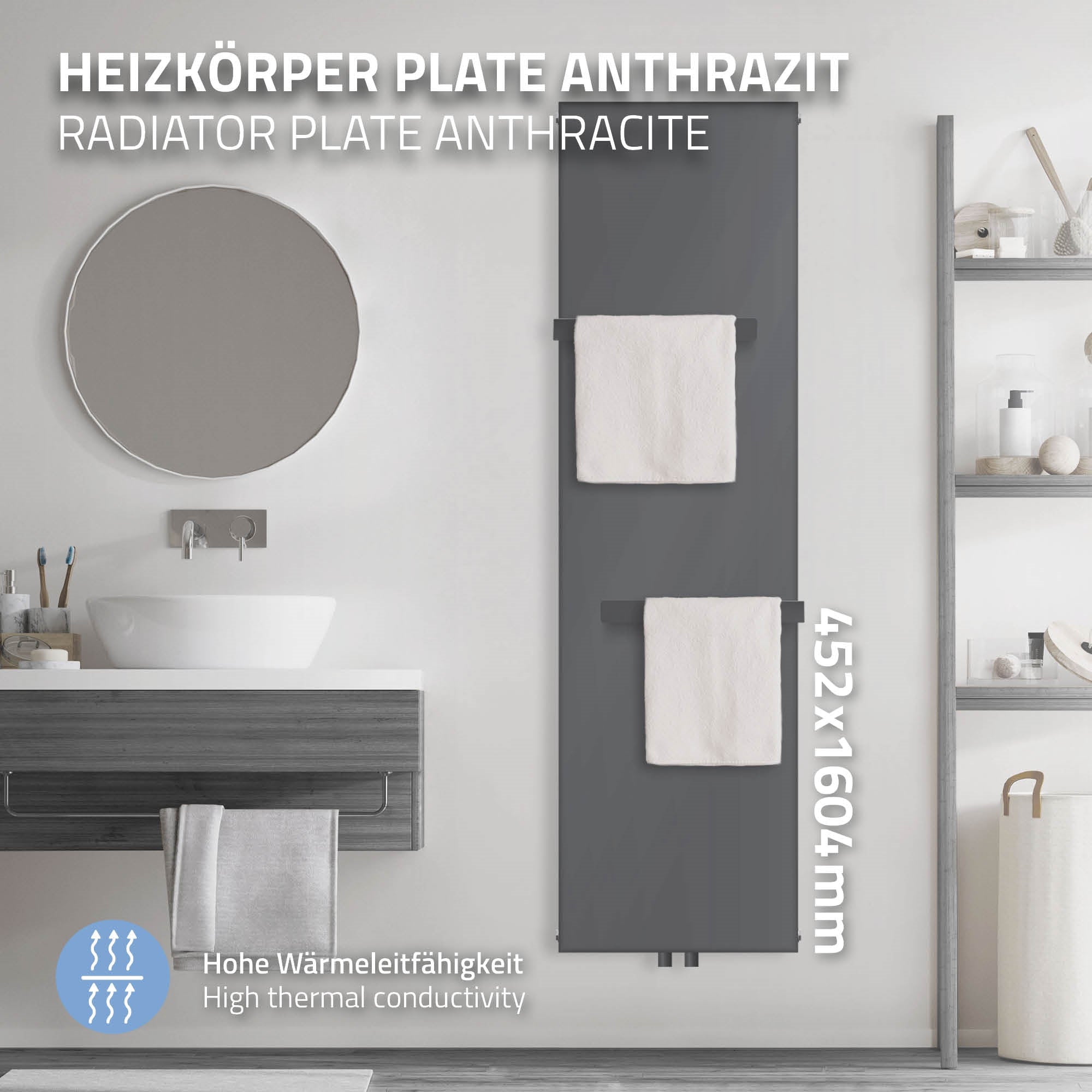 Anthrazitfarbener Heizkörper mit zwei Handtuchhaltern, 452x1604mm.