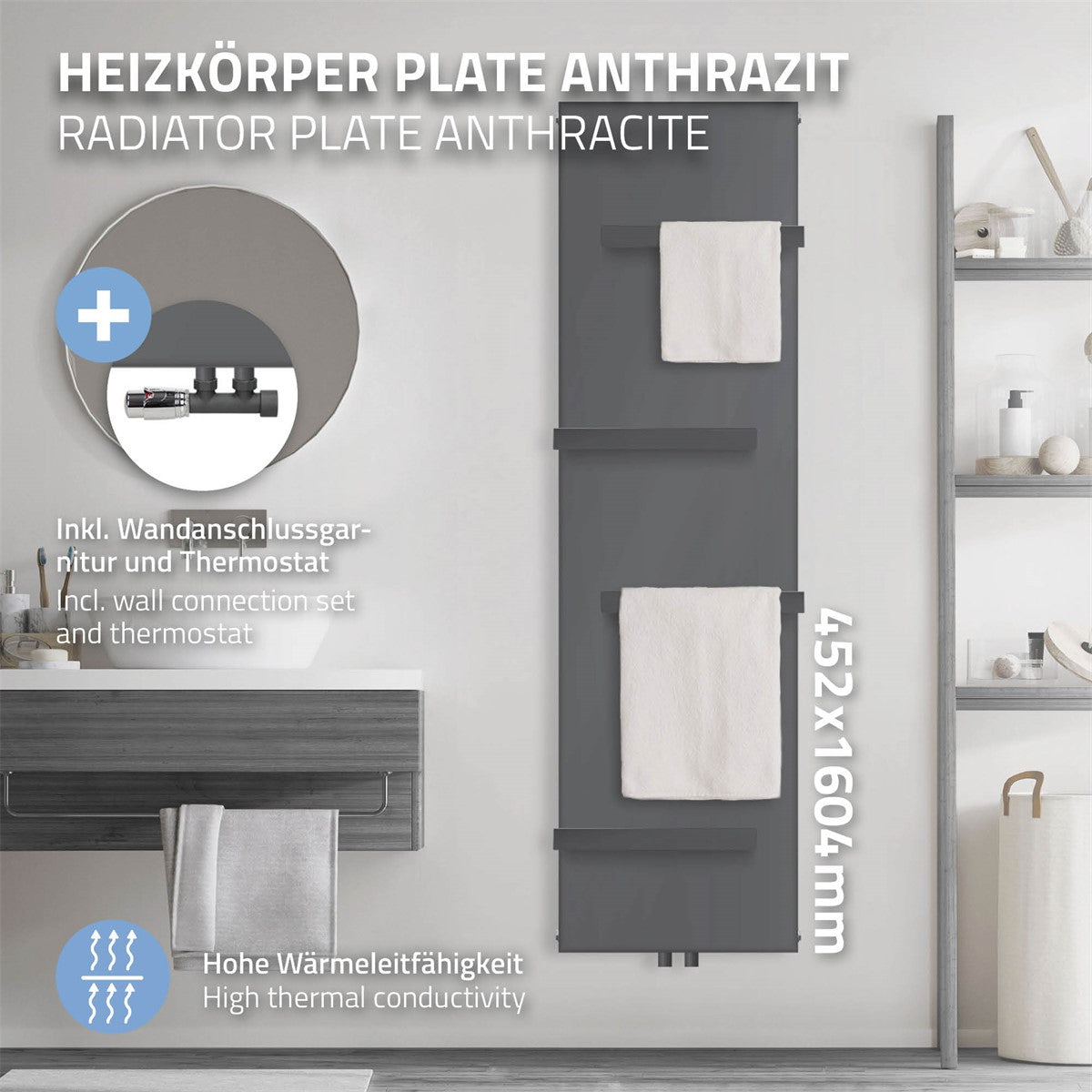 Anthrazitfarbener Heizkörper mit zwei Handtüchern, Wandmontage, Maße 452x1604 mm.