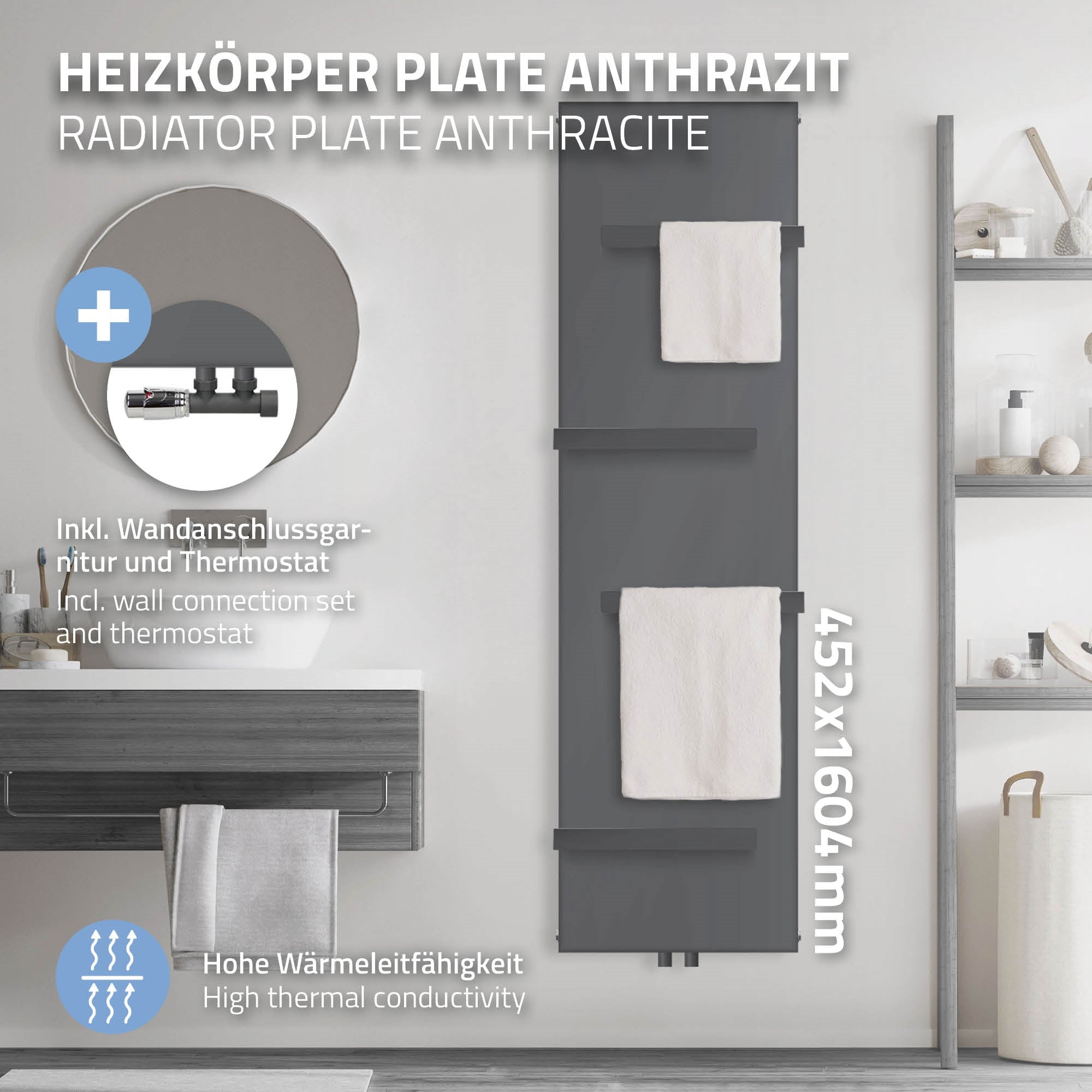 Anthrazitfarbener Heizkörper mit zwei Handtüchern, Wandmontage, Maße 452x1604 mm.