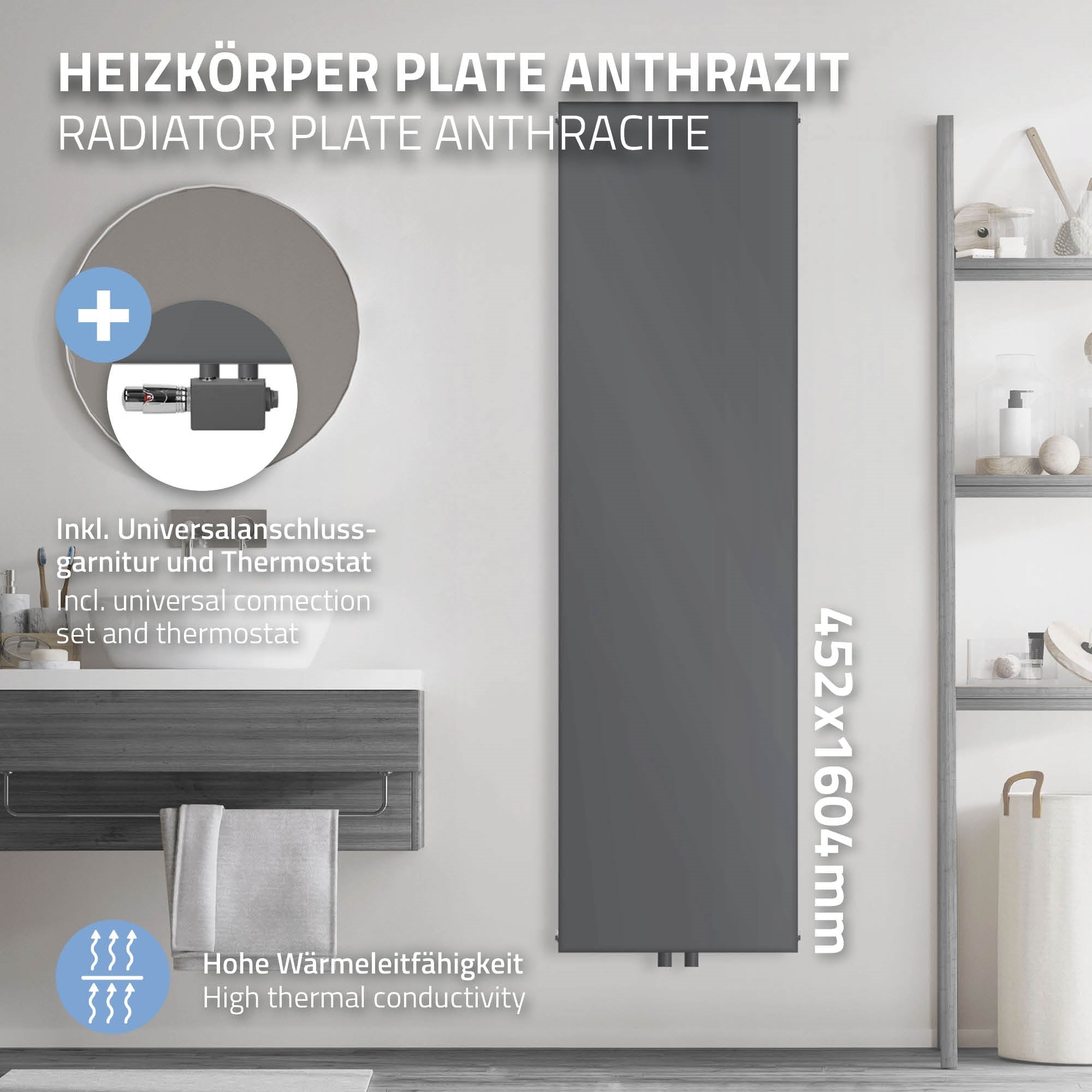 Anthrazitfarbener Heizkörper mit Universalanschluss und Thermostat.