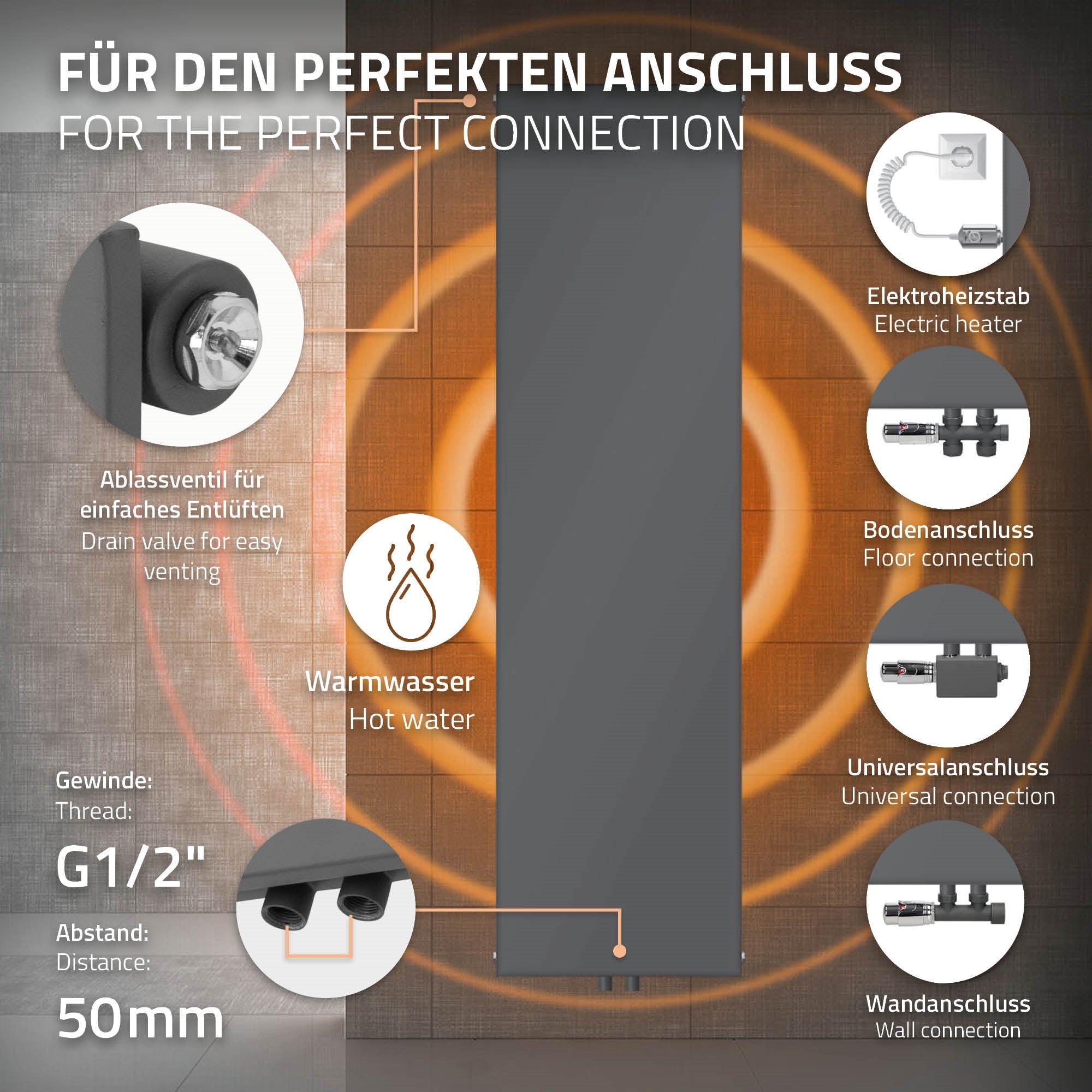 Anthrazitfarbener Heizkörper mit Zubehör, Maße 452x1604mm, hohe Wärmeleitfähigkeit.
