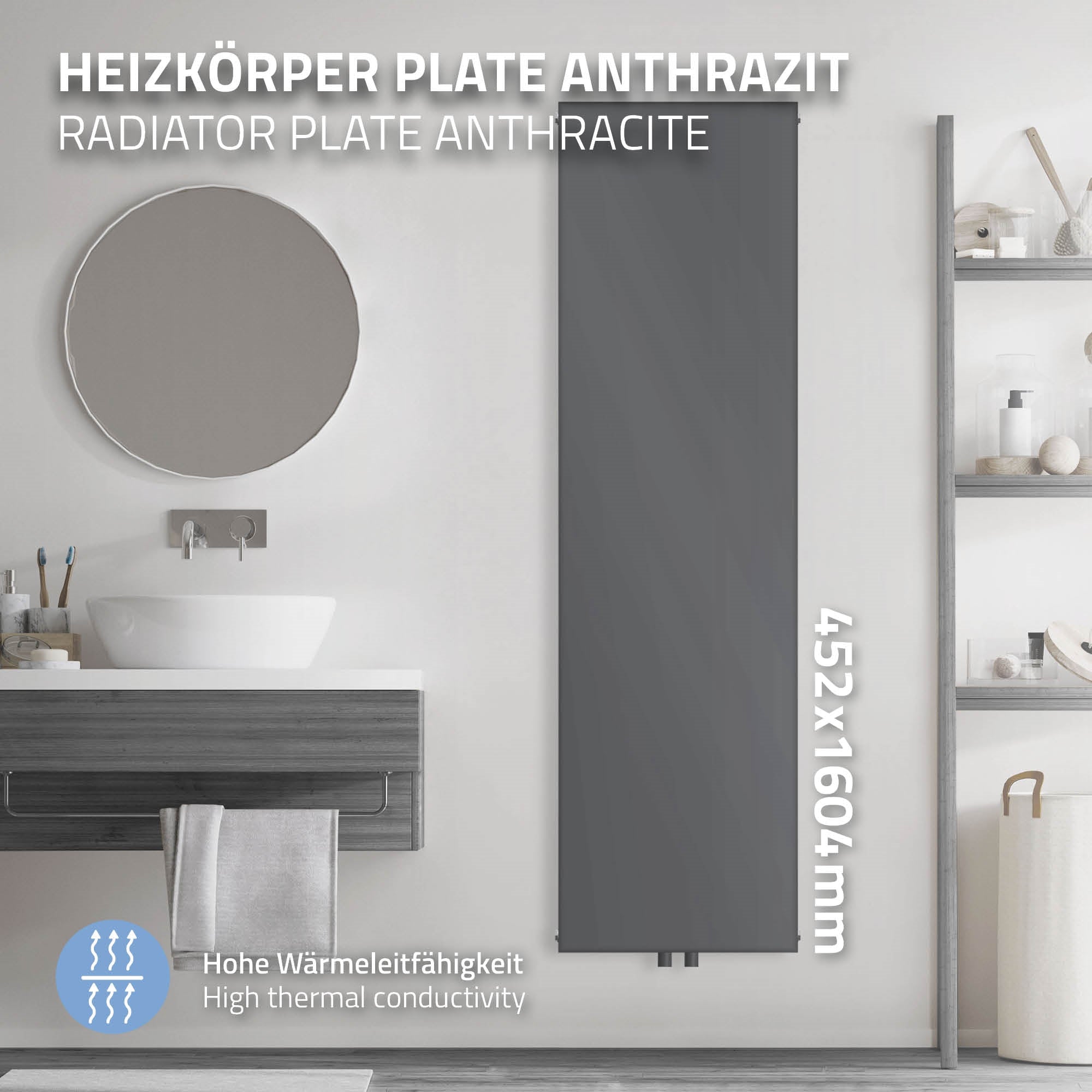 Anthrazitfarbener Heizkörper mit Wandanschluss, 452x1604mm.