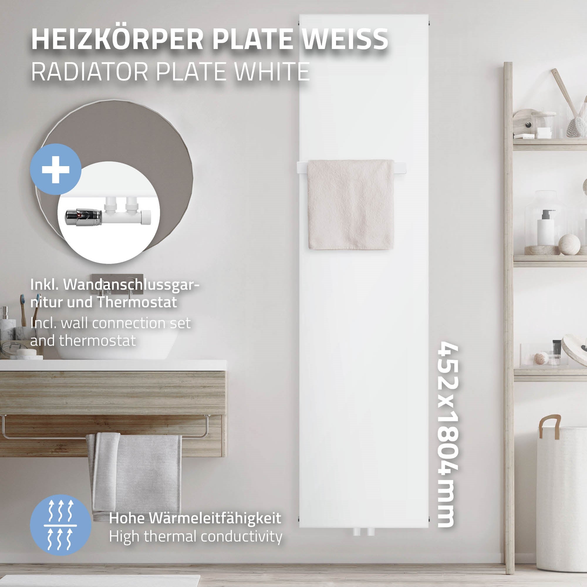 White radiator with wall connection and thermostat, 452x1804mm.