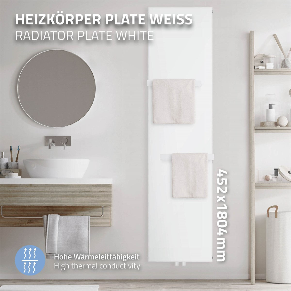 White radiator with two towel holders in a bathroom.